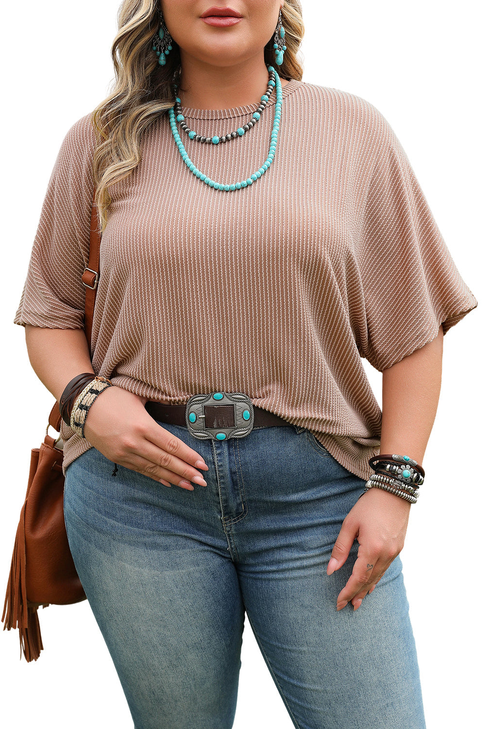 Smoke Grey Ribbed Striped Crew Neck Plus Size Knit T Shirt BB Fashion Outlet