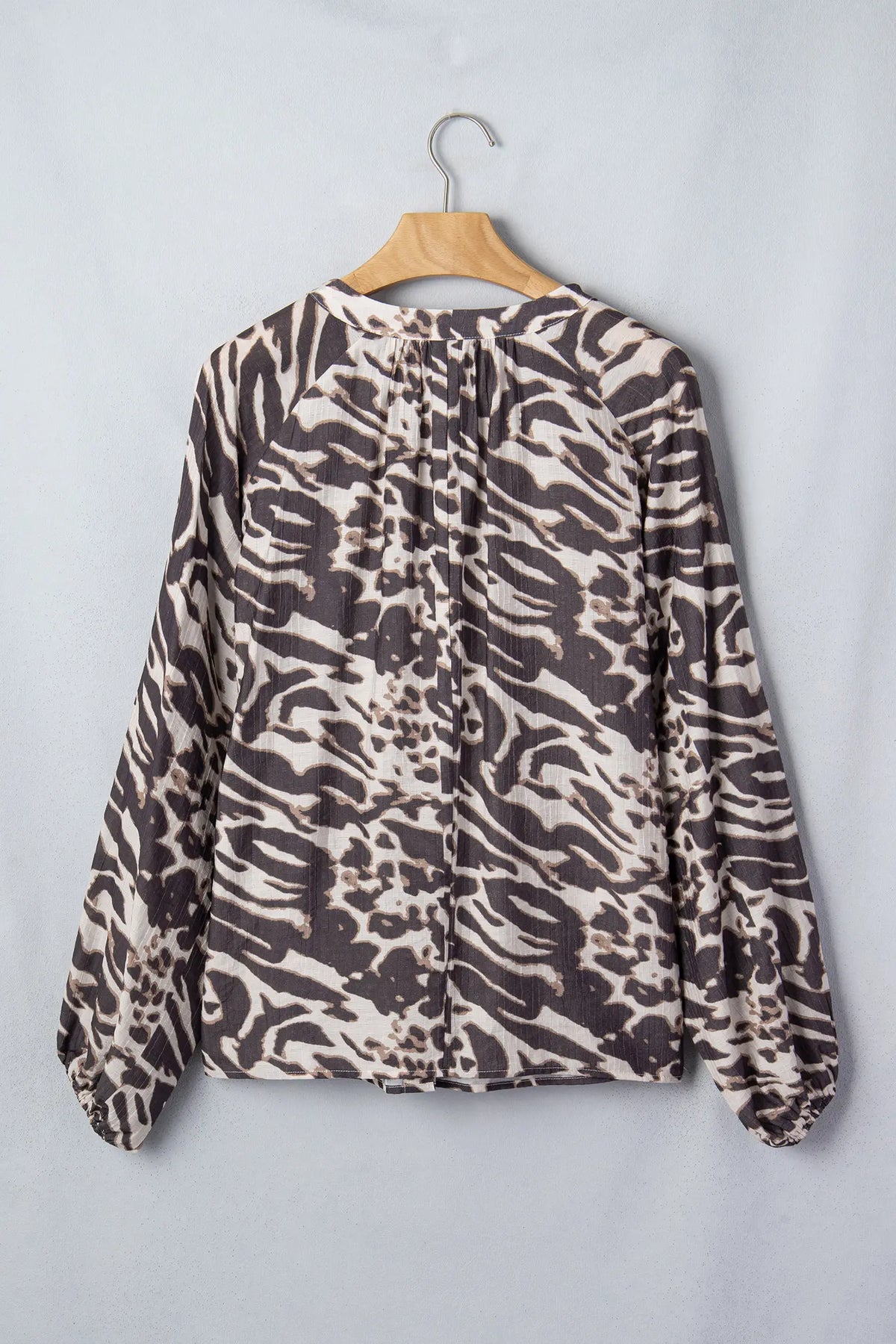Parchment Leopard Print V Neck Button Down Balloon Sleeve Shirt
