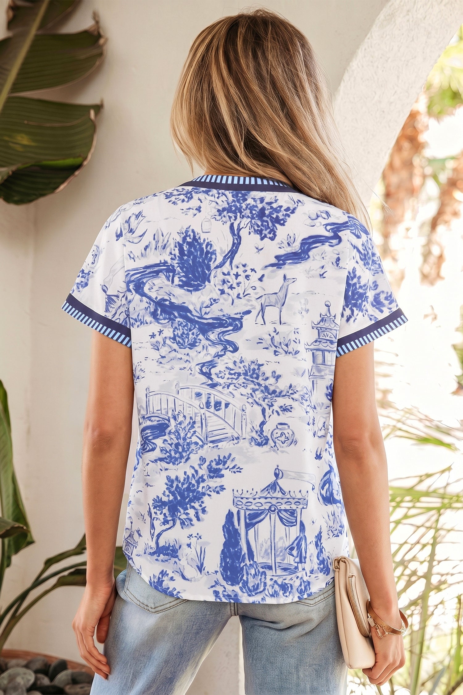 Wild Animal Paradise Striped Trim V Neck Short Sleeve Blouse – Blue