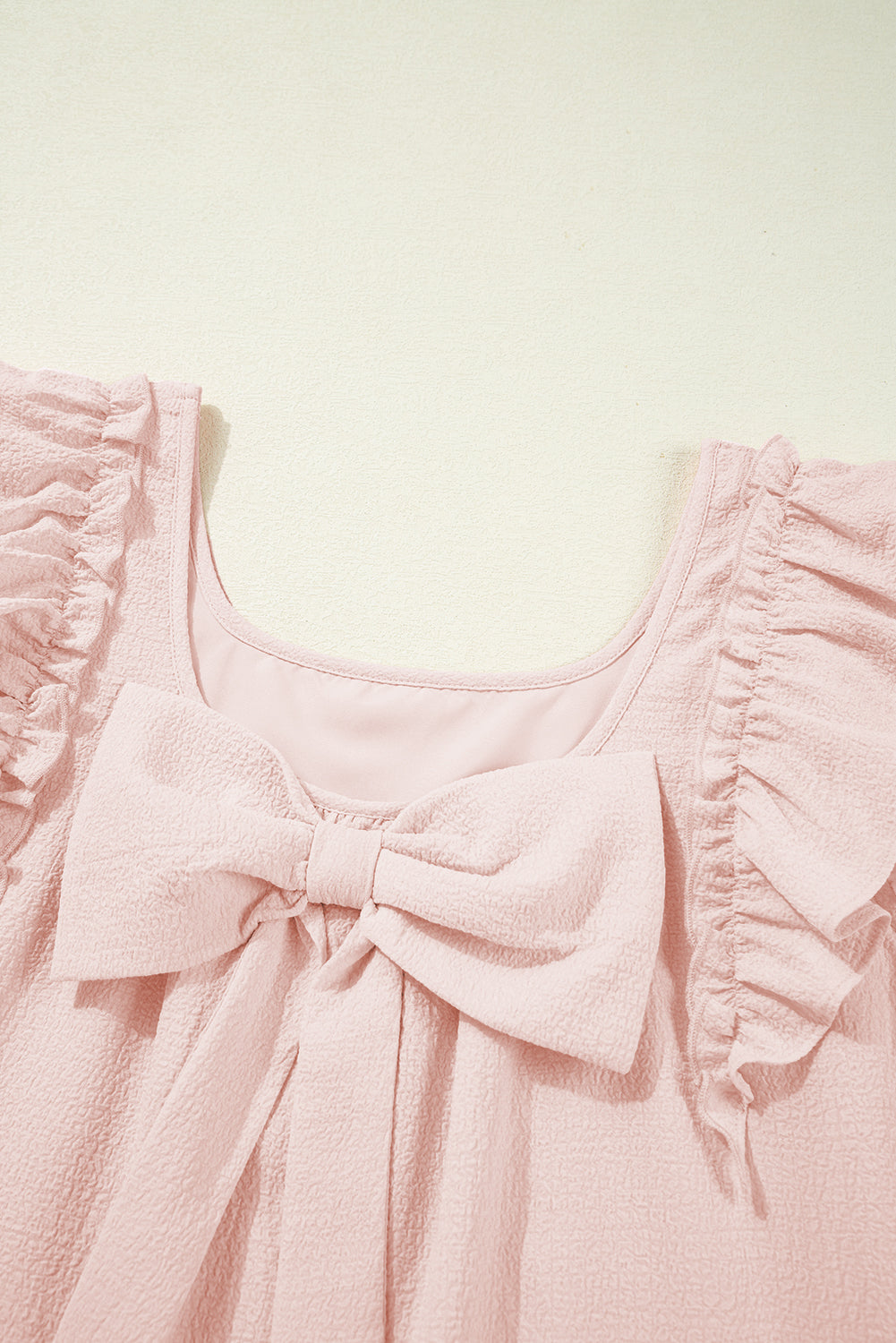 Light Pink Textured Flutter Sleeve Square Neck Bow Back Mini Dress eAura