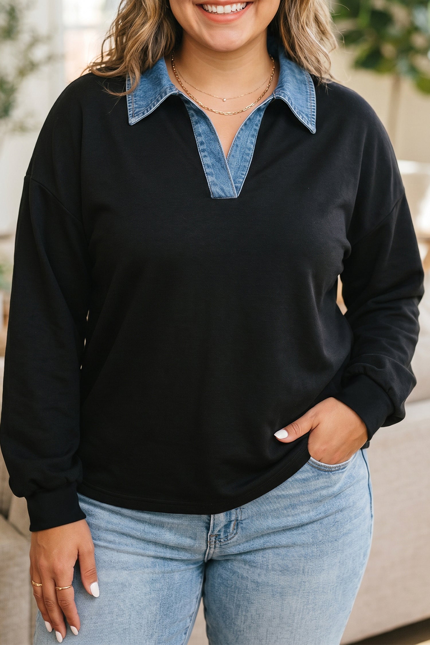 Solid V Neck Tunic Shift Long Sleeve Plus Size Blouse – Black