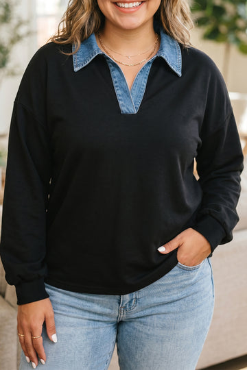 Solid V Neck Tunic Shift Long Sleeve Plus Size Blouse – Black