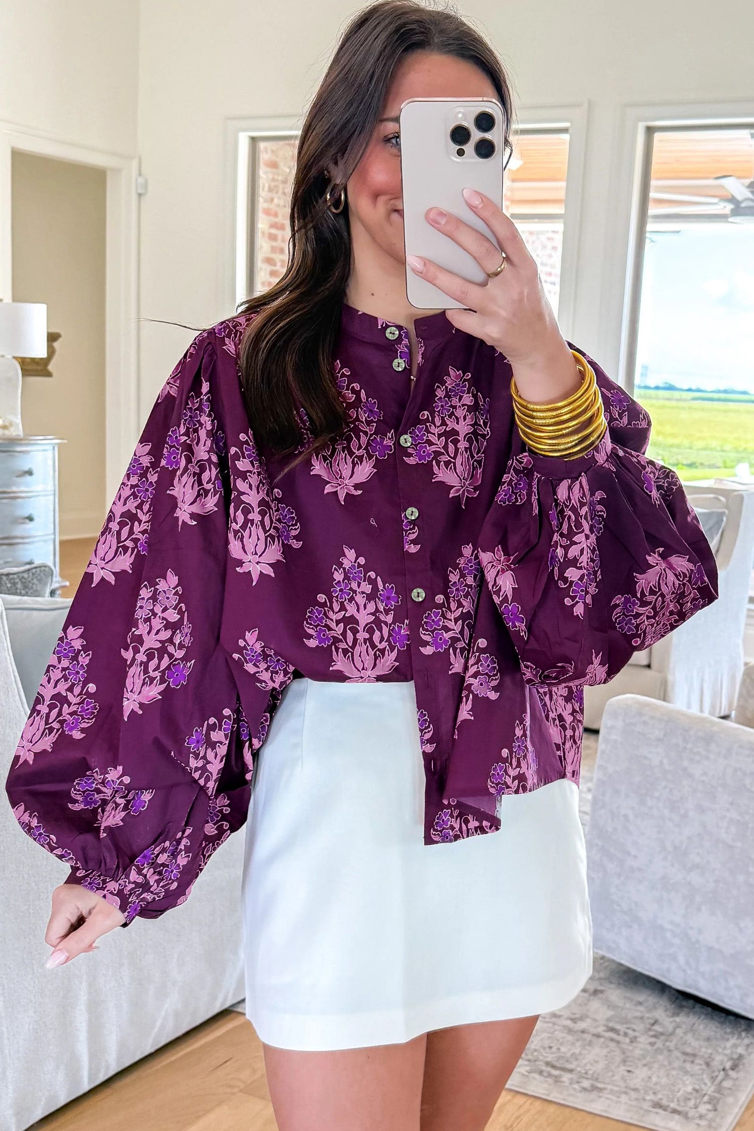 Floral Print Button Front Long Puff Sleeve Shirt – Purple