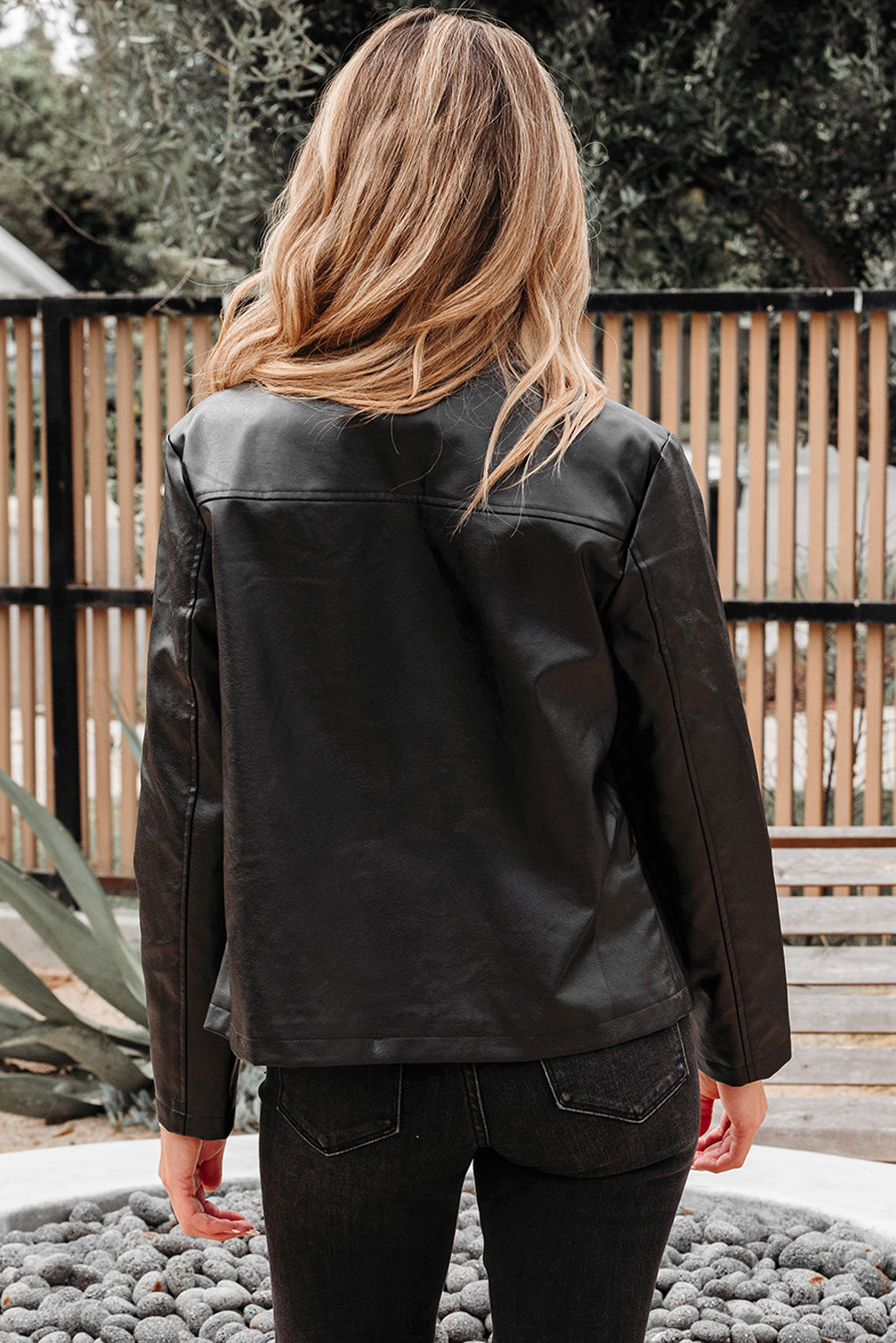 Black Faux Leather Buttoned Front Boxy Jacket eAura