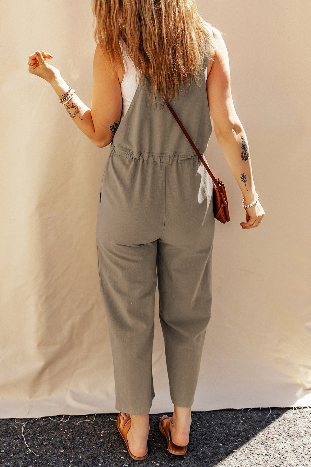 Sage Green Drawstring Buttoned Straps Cropped Overall BB Fashion Outlet
