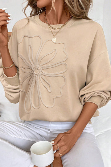 Embroidered Flower Pattern Drop Shoulder Sweatshirt - eAura