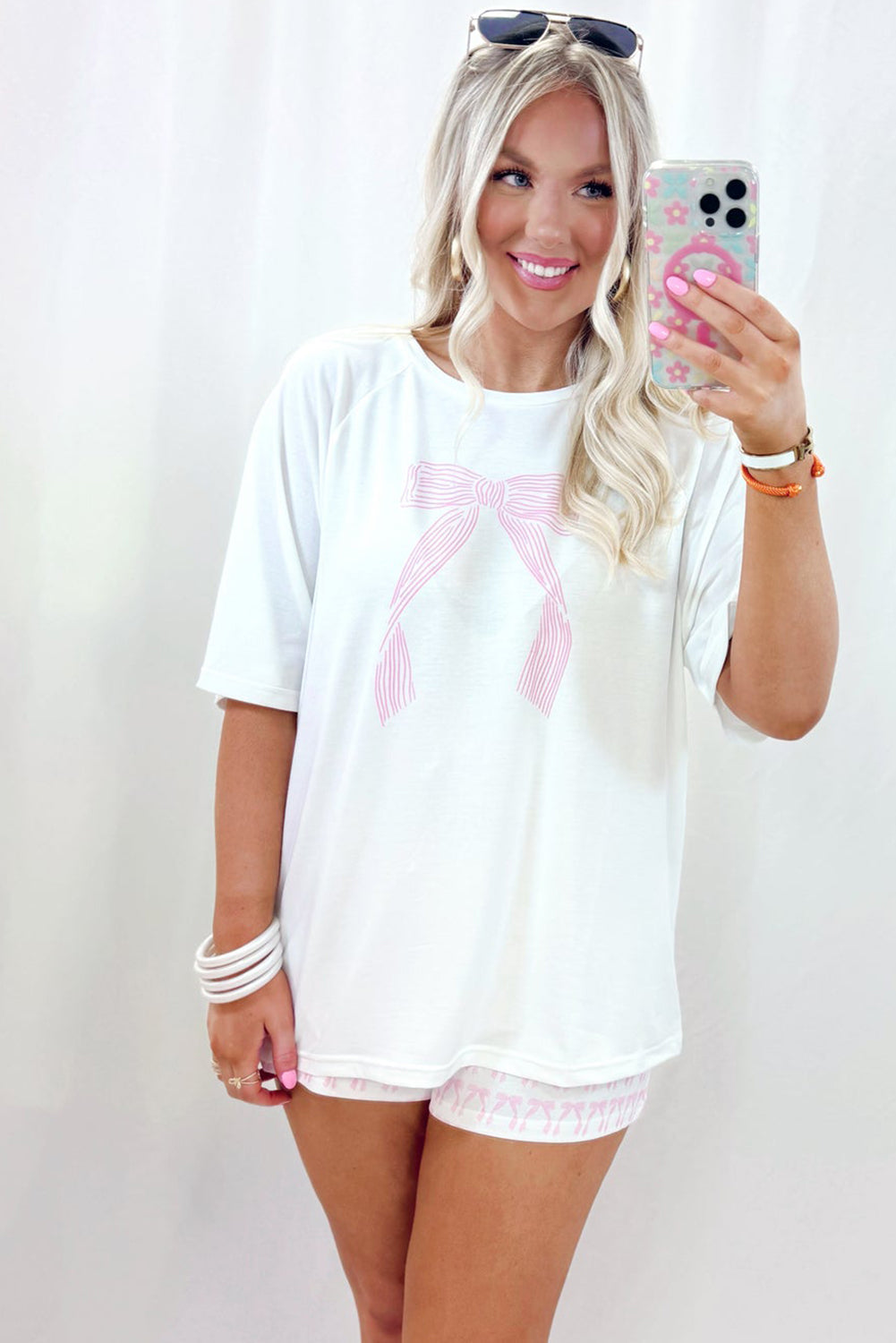 Pink Bow Knot Print Loose Fit Two Piece Pyjamas eAura