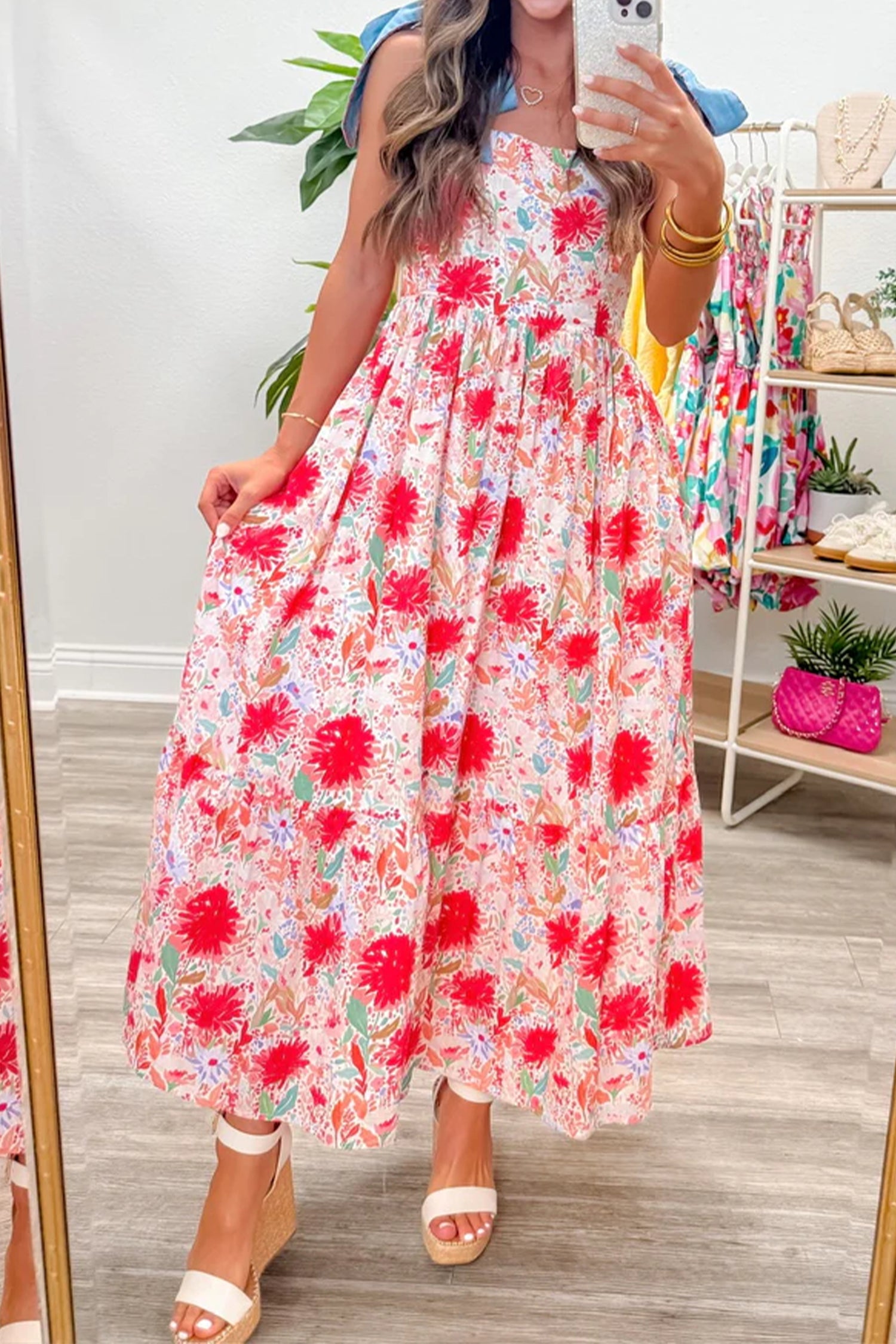 Floral Print Contrast Stitched Knot Denim Straps Maxi Dress