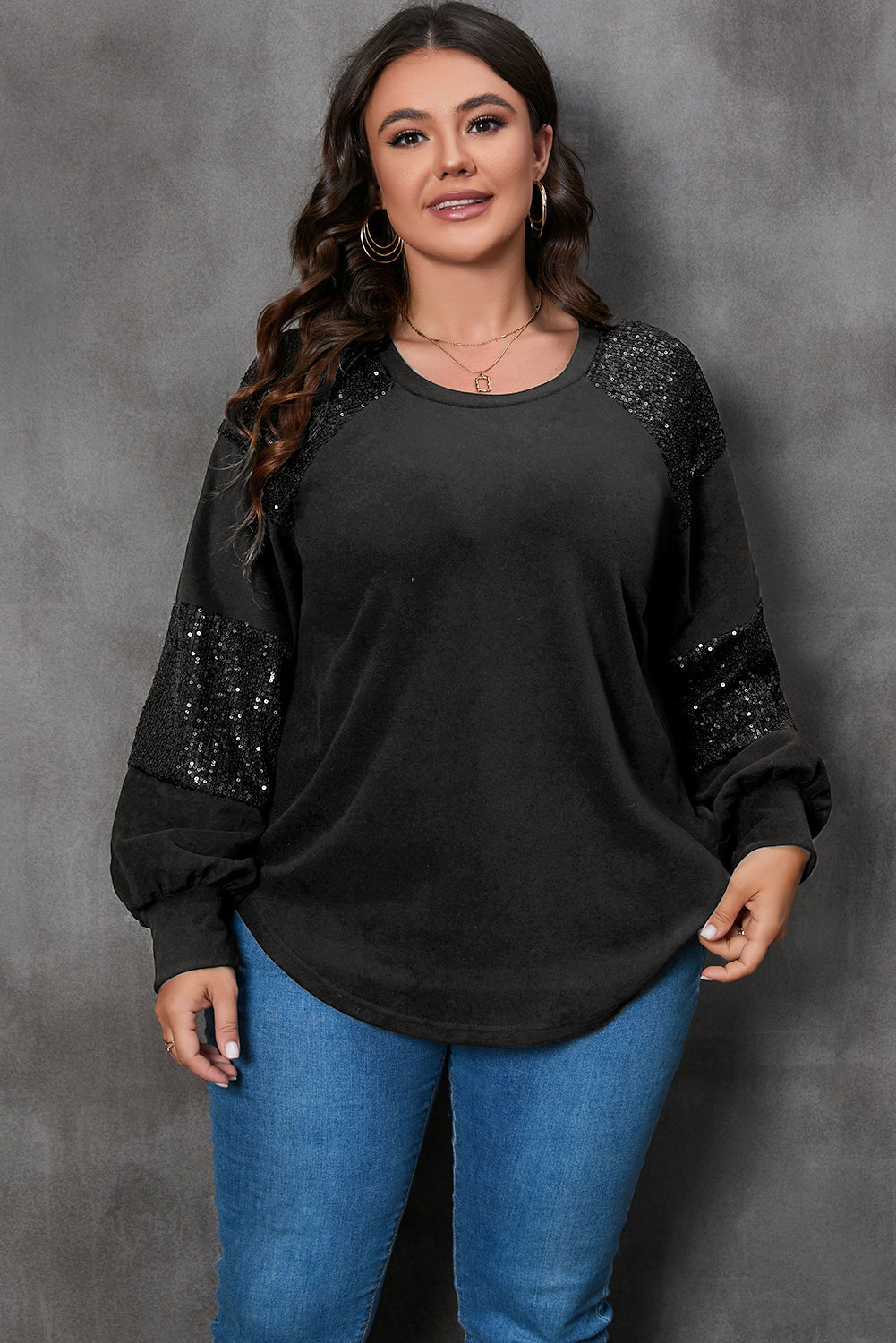 Black Plus Size Sequin Patchwork Crew Neck Long Sleeve Top BB Fashion Outlet