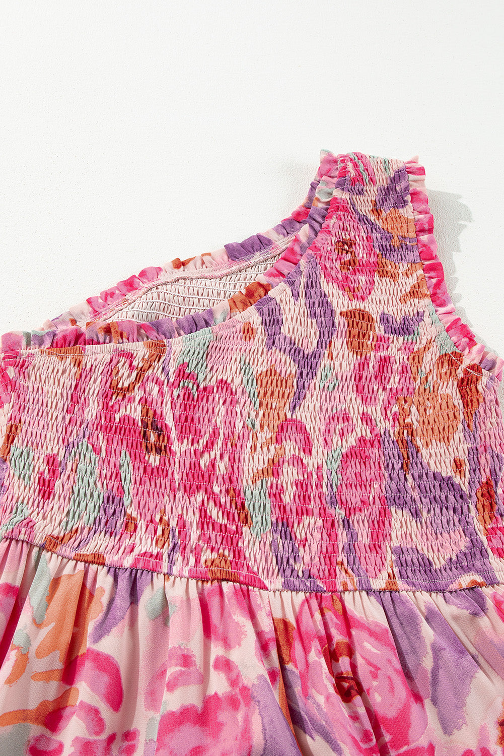 Pink Abstract Floral Print Shirred One Shoulder Maxi Dress eAura