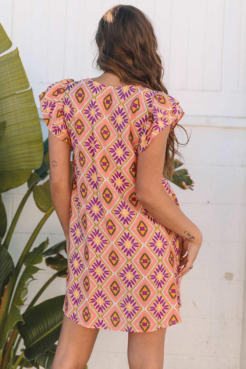 Orange Geometric Floral V Neck Buttoned Ruffled Sleeve Mini Dress eAura