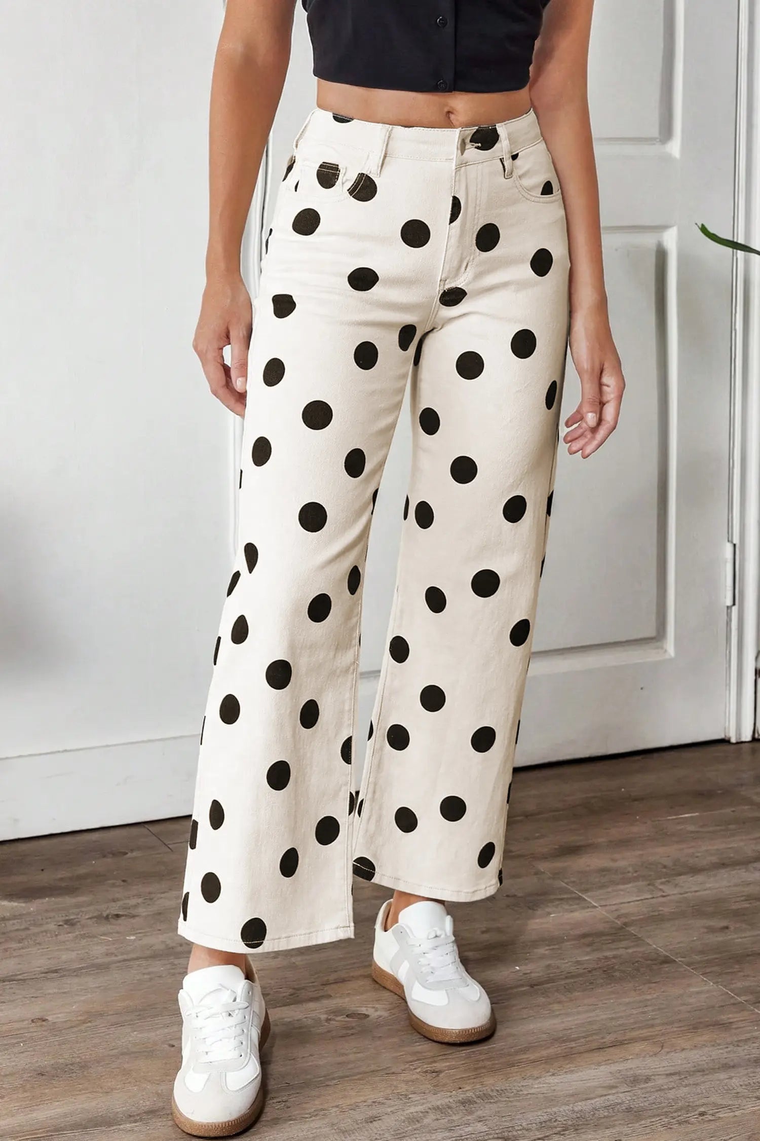 White Polka Dot Print Wide Leg Ankle-Length Jeans