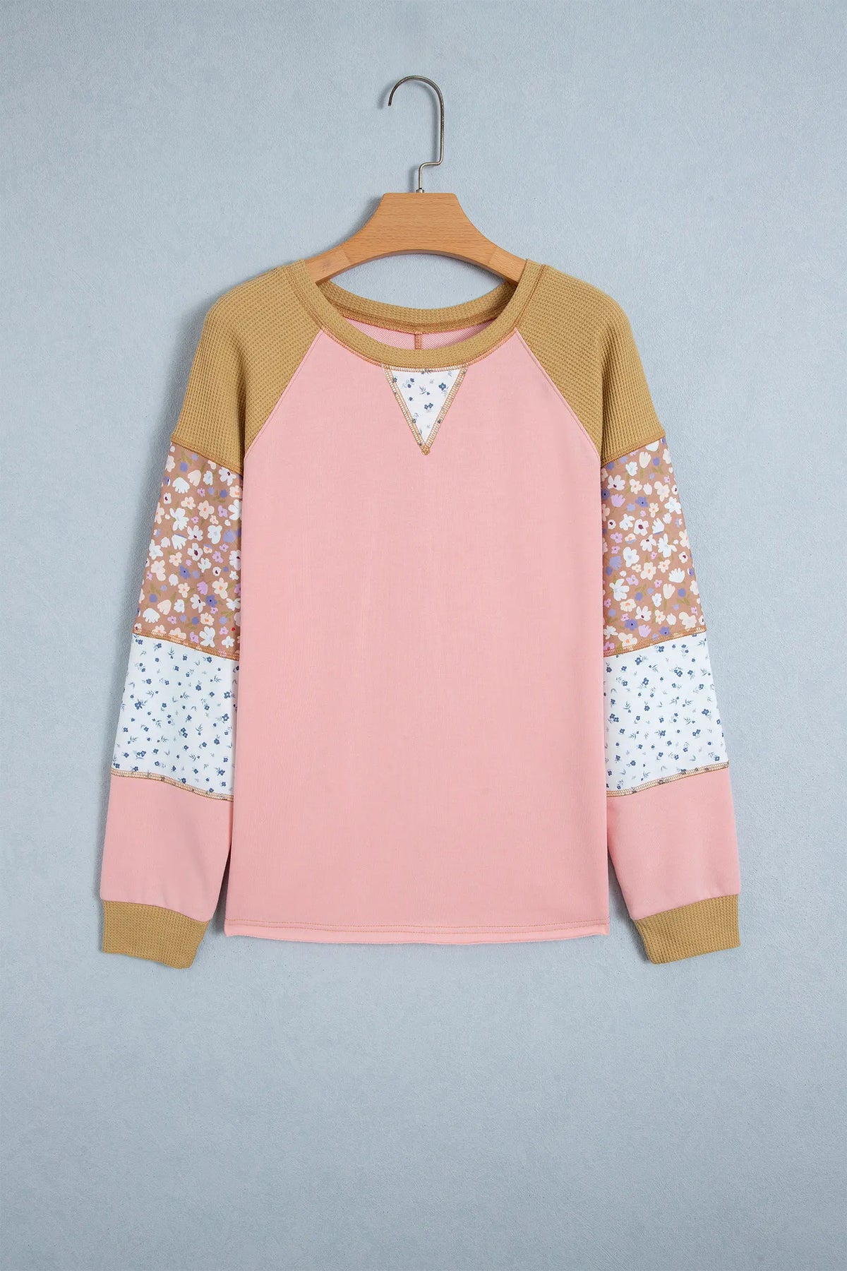 Colour Block Floral Waffle Mixed Patchwork Long Sleeve Top – Apricot Pink