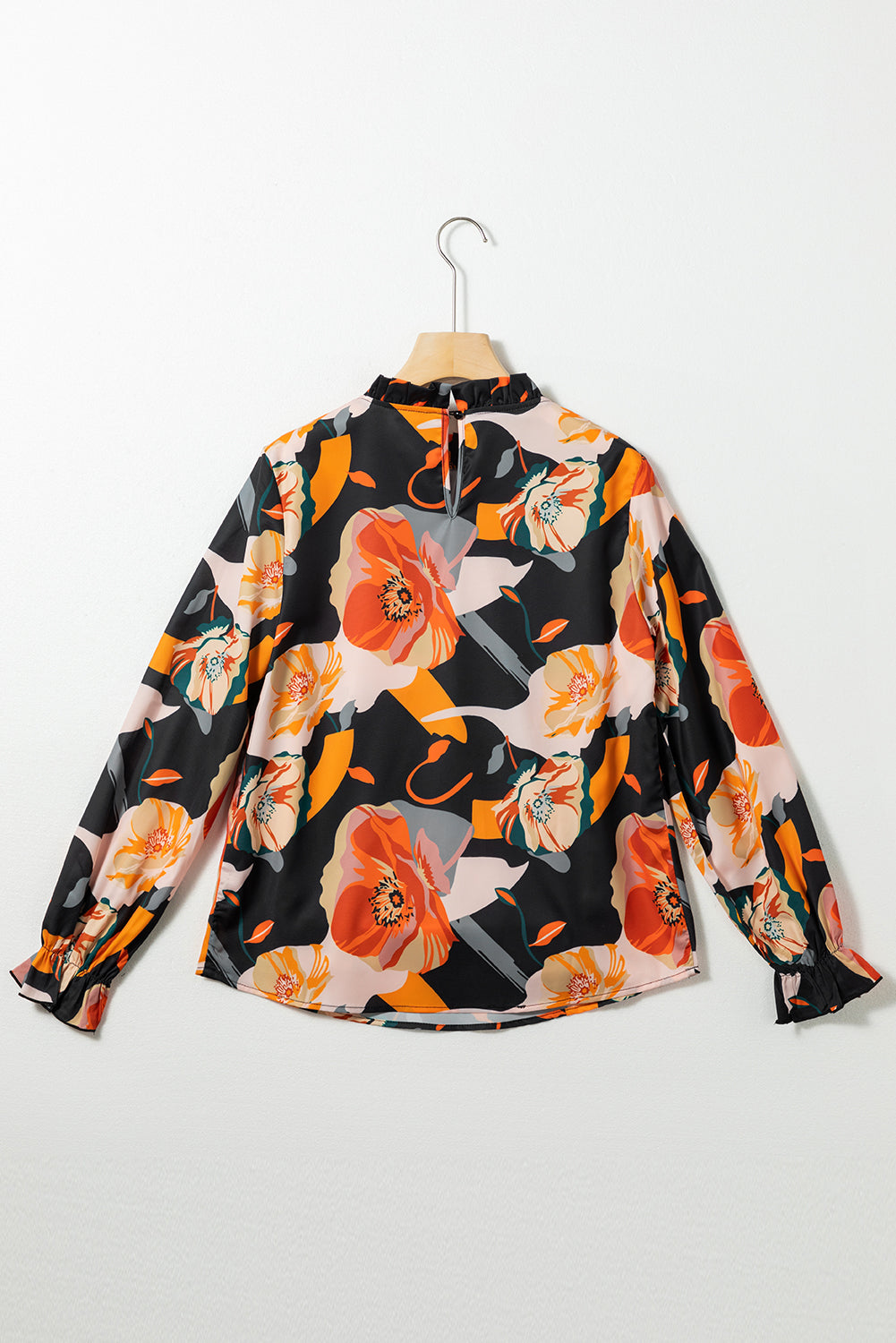 Floral Print Mock Neck Ruffle Sleeve Blouse – Black