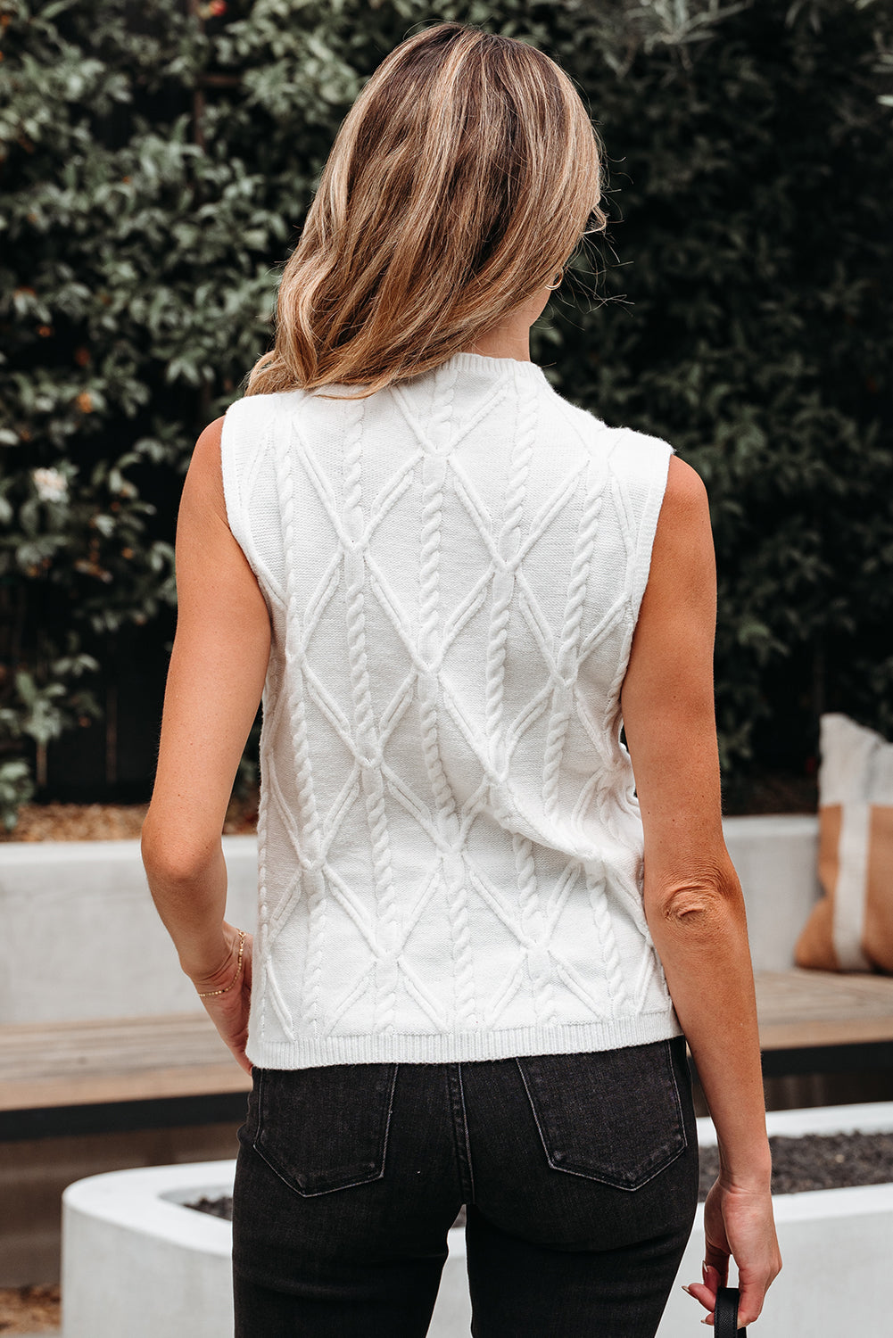 White Pearled High Neck Textured Knit Sweater Vest eAura