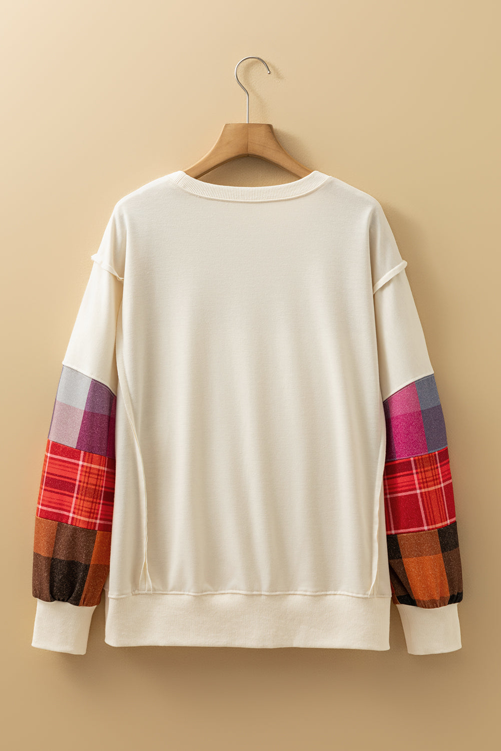 Beige Contrast Plaid Long Sleeve Exposed Seam Patchwork Top - eAura