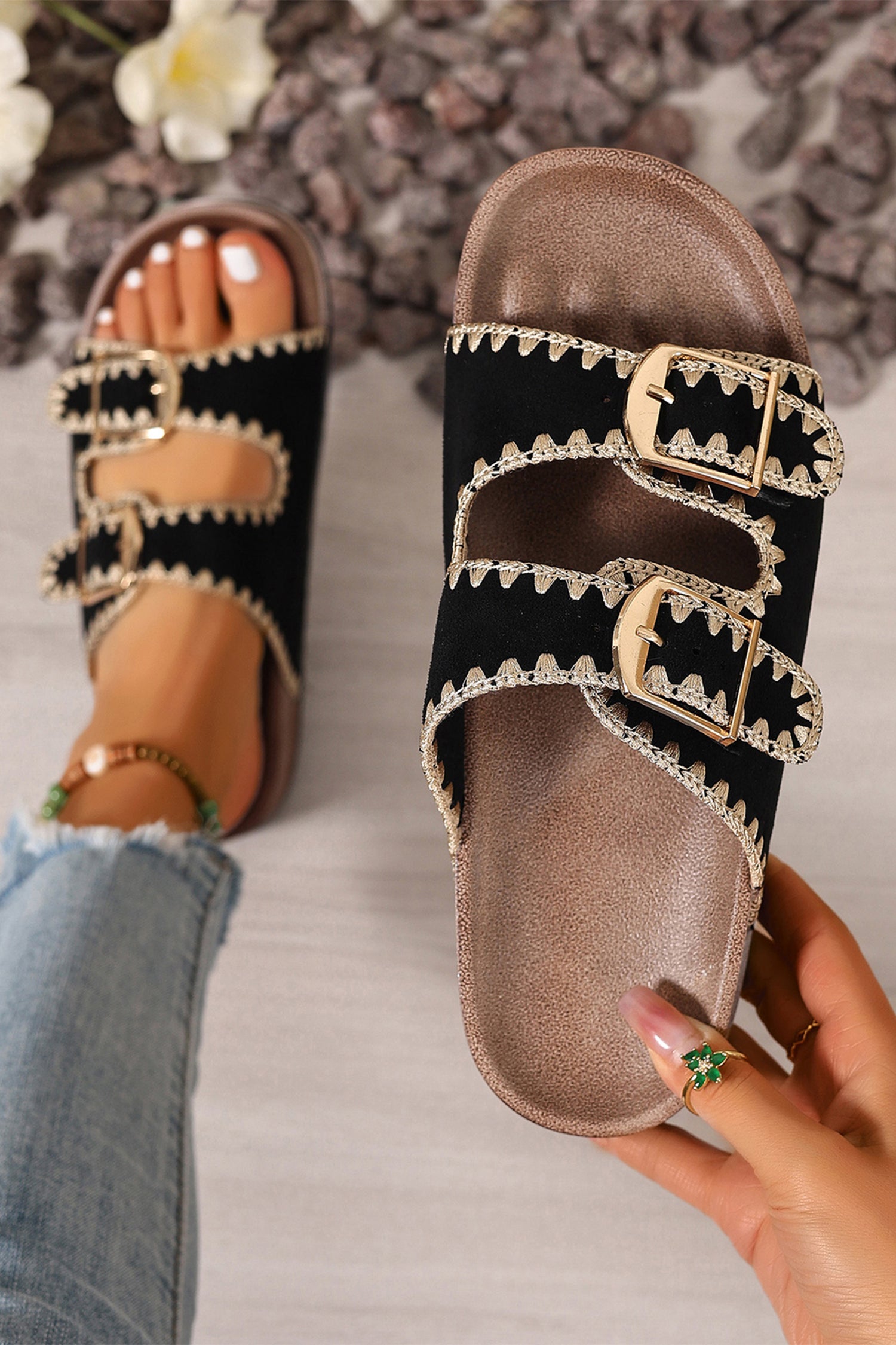 Embroidered Trim Retro Buckle Faux Suede Sandals