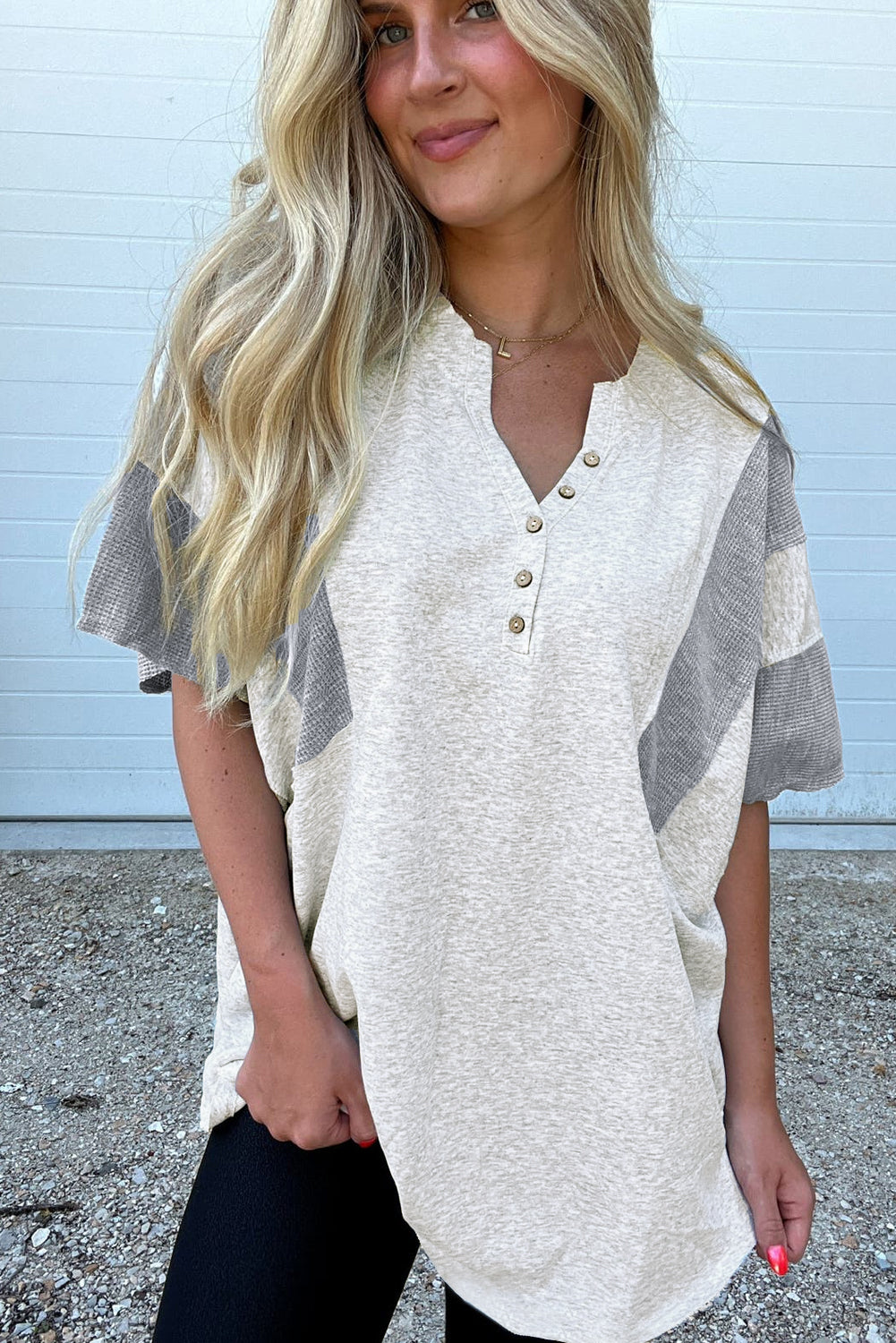Light Grey Two Tone Contrast Waffle Knit Patched Buttoned V Neck Top eAura
