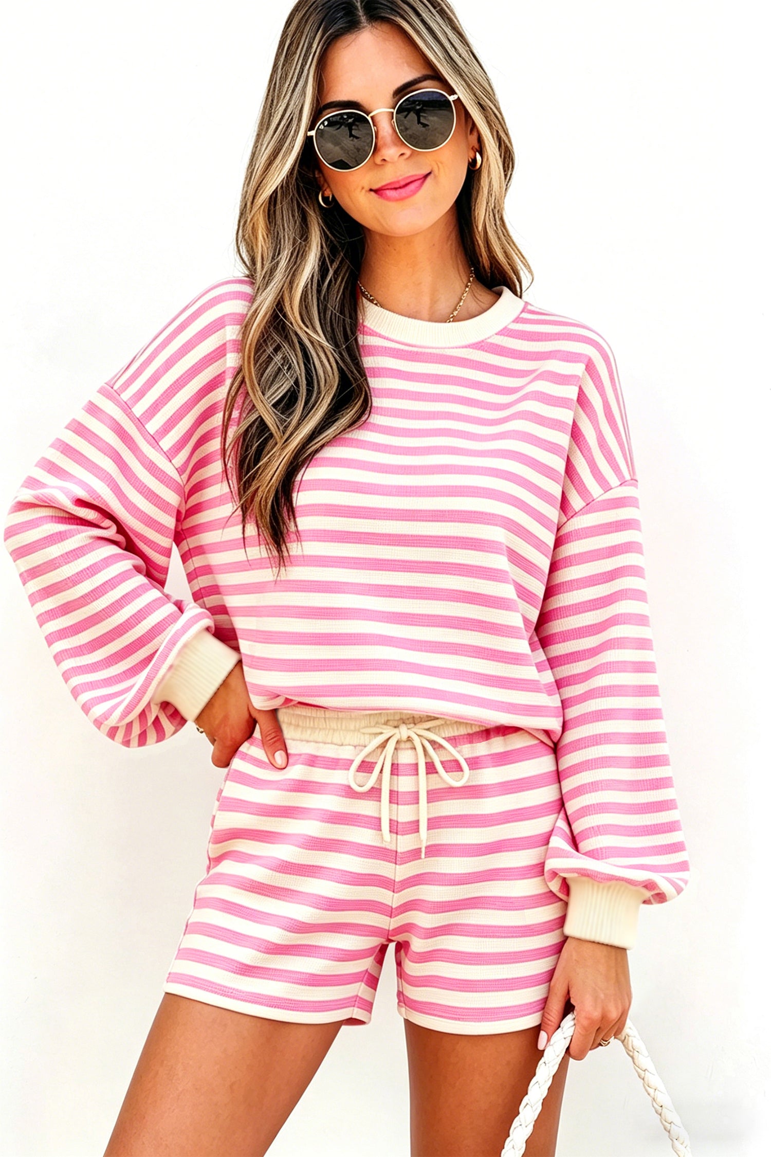 Striped Long Sleeve Crew Neck Drawstring Waist Shorts Set – Pink