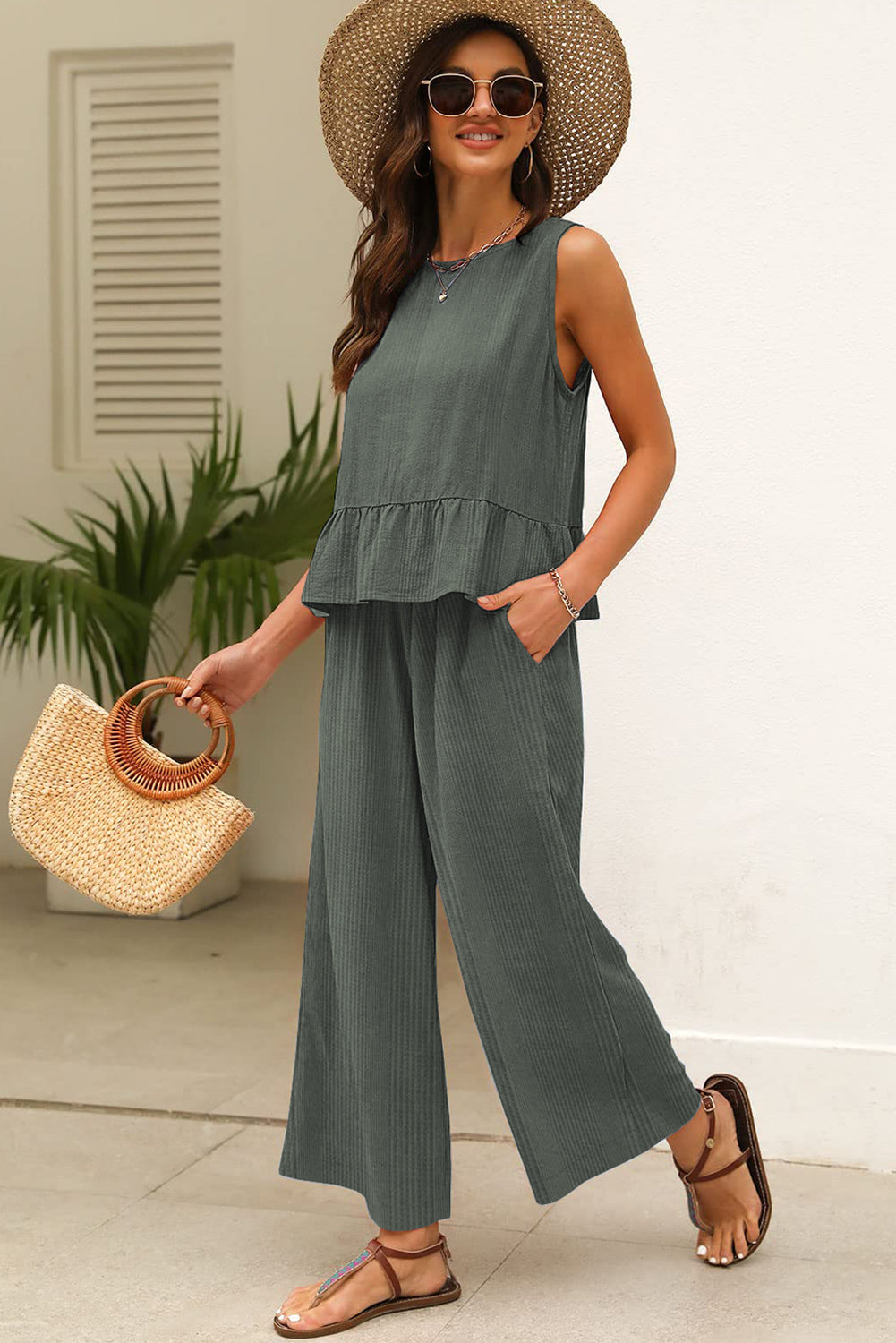 Duffel Green Solid Colour Ribbed Ruffle Tank Top and Trousers Set eAura