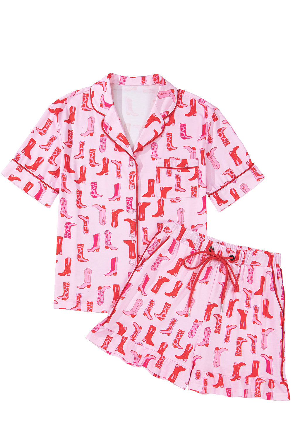 Pink Western Cowgirl Boots Printed Shirt Ruffled Shorts Pyjama Set eAura