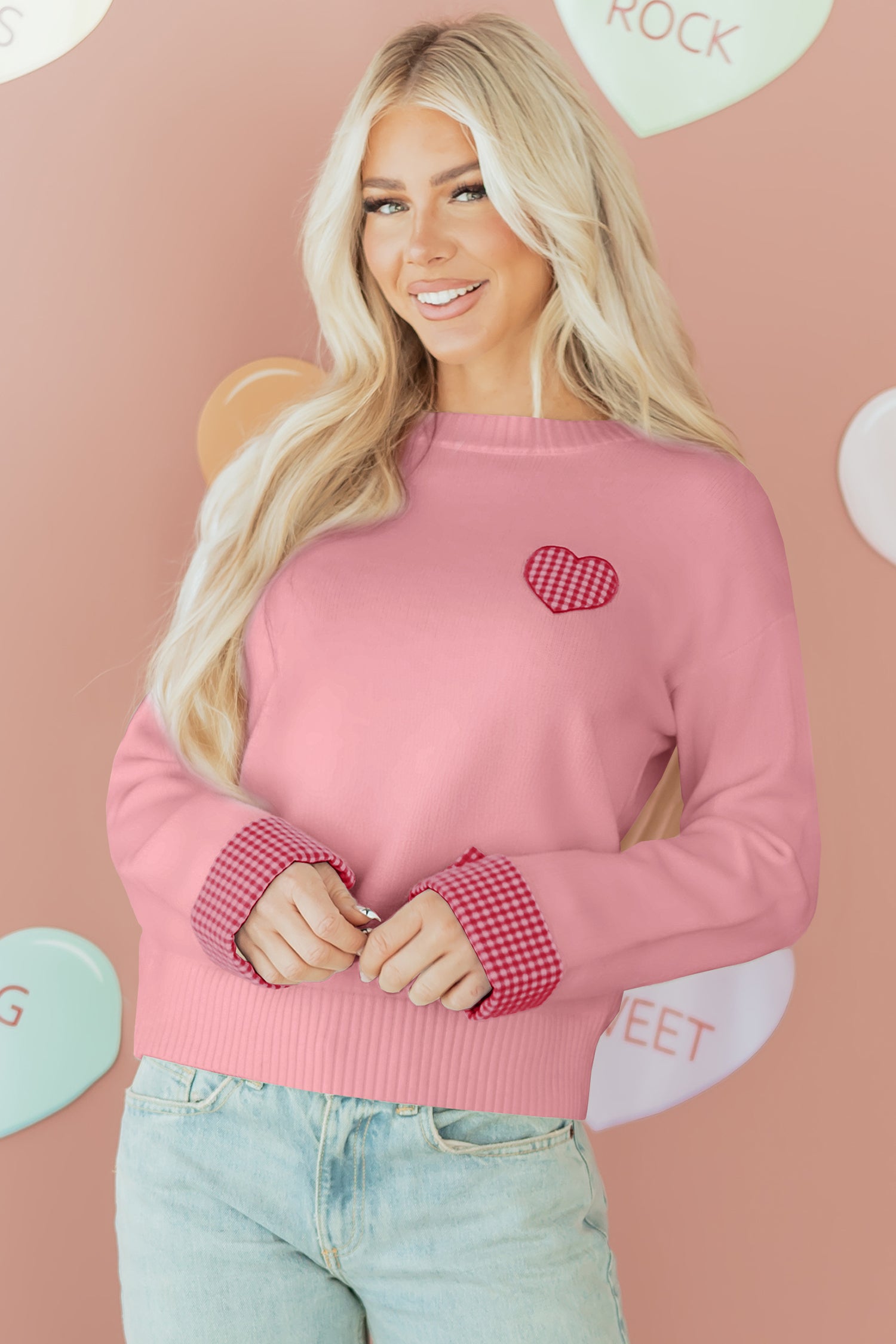 Heart Embroidered Cuffed Drop Shoulder Sweater - Pink / L - Sweaters & Cardigans/Sweaters