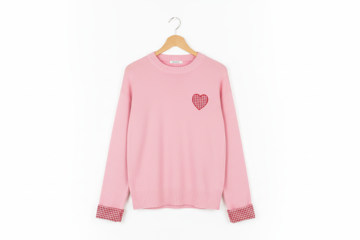 Heart Embroidered Cuffed Drop Shoulder Sweater - Sweaters & Cardigans/Sweaters
