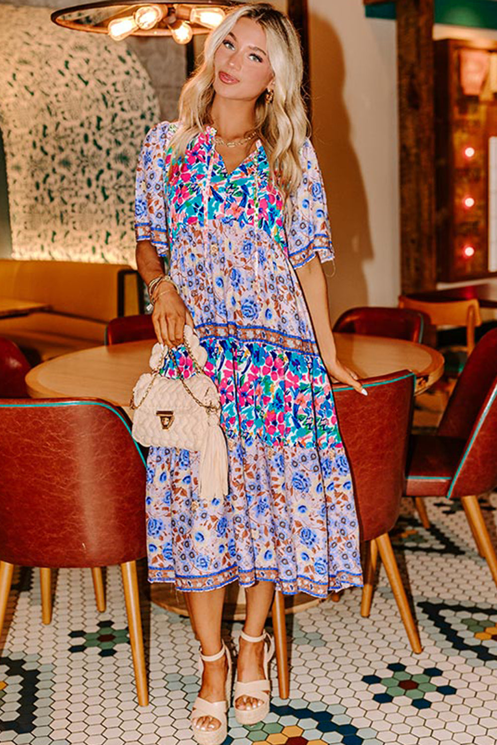 Sky Blue Mixed Floral Print Tie Split Neck Short Sleeve Dress eAura