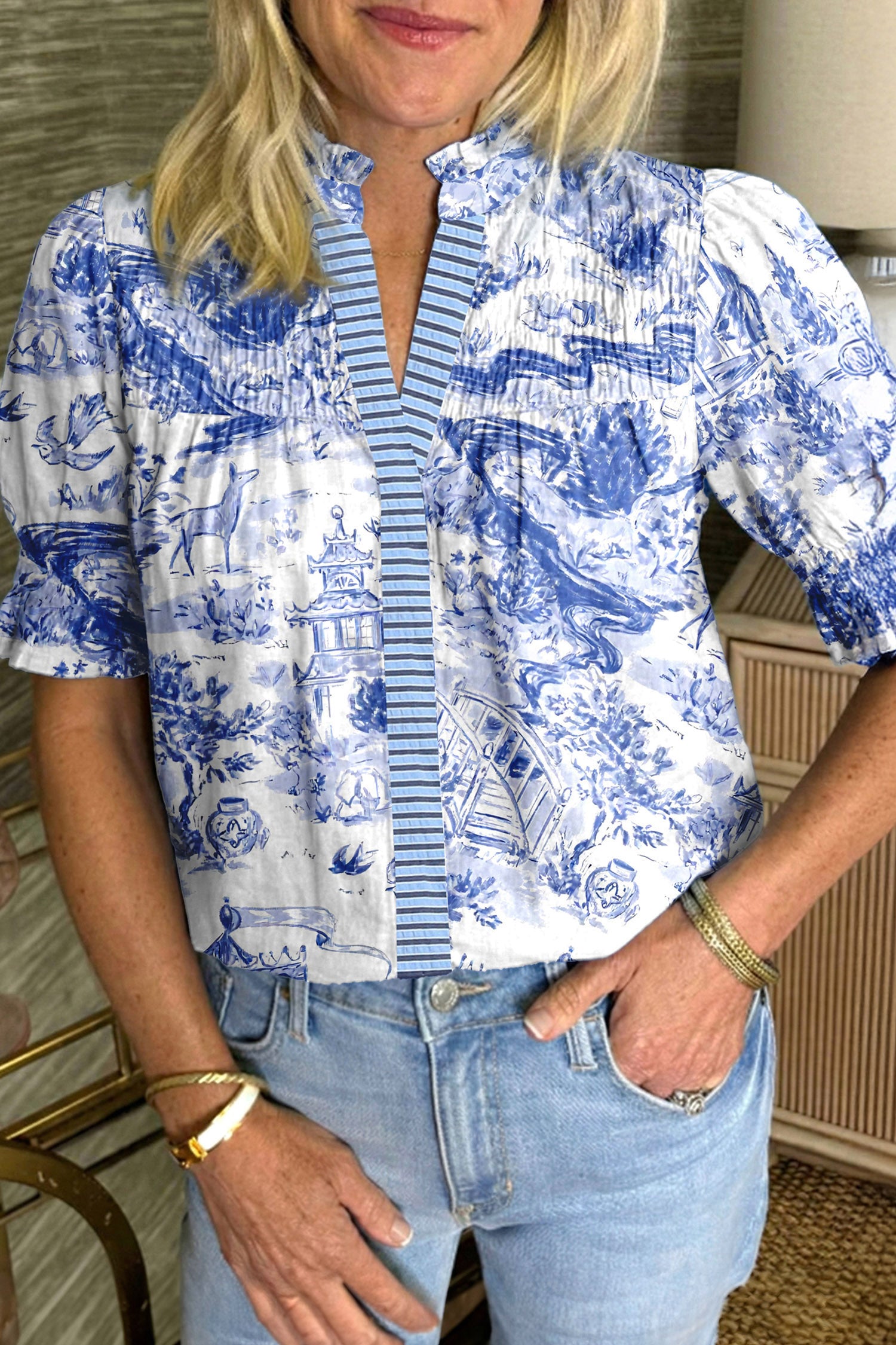 Wild Animal Paradise Striped Detail V Neck Blouse – Blue