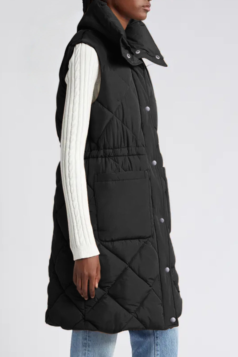 Black Longline Quilted Stand Collar Puffer Gilet Beagle Boutique Fashion Outlet