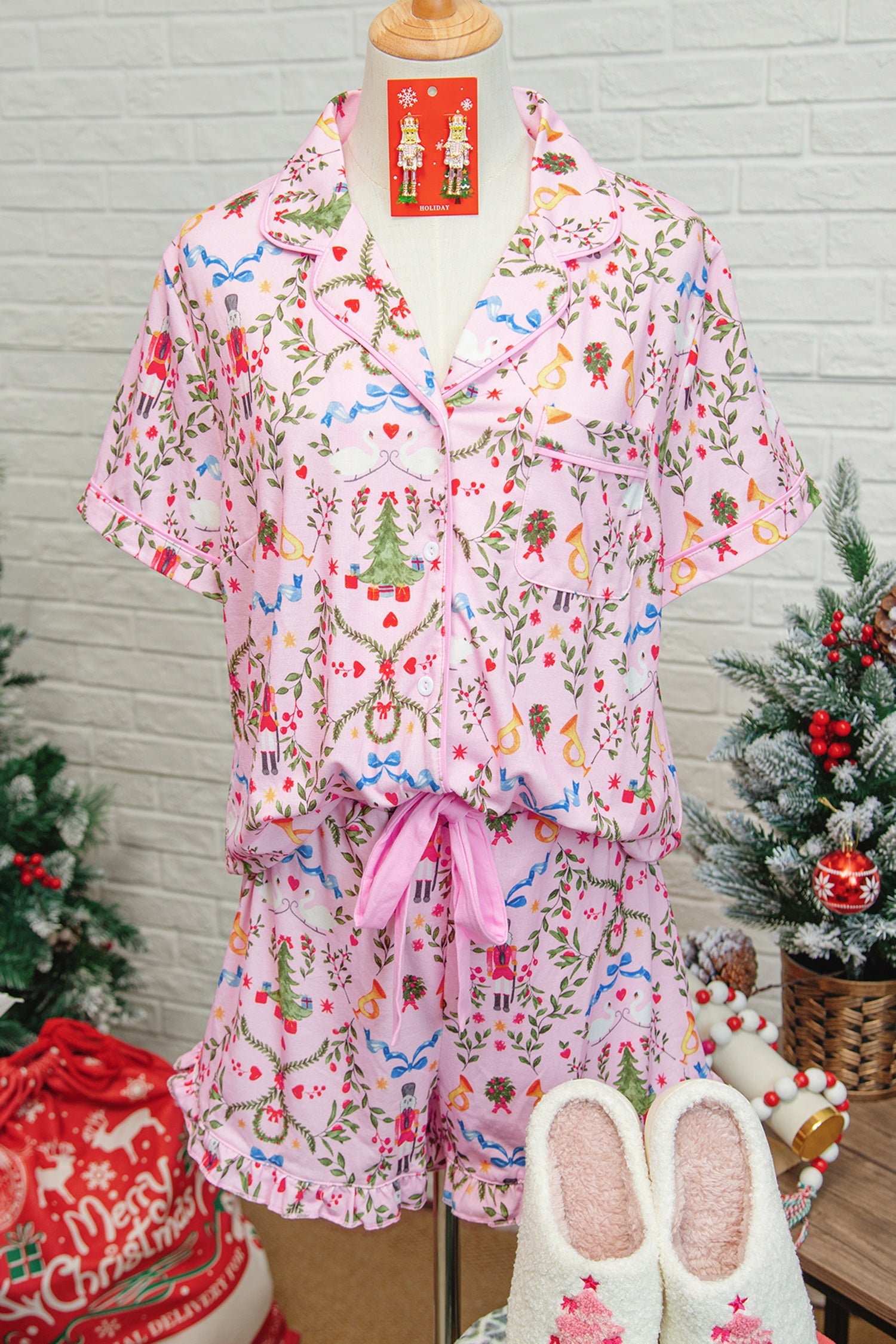 Nutcracker Doll Christmas Print Ribbon Tie Waist Short 2pcs Pajama Set - Loungewear & Sleepwear/Sleepwear