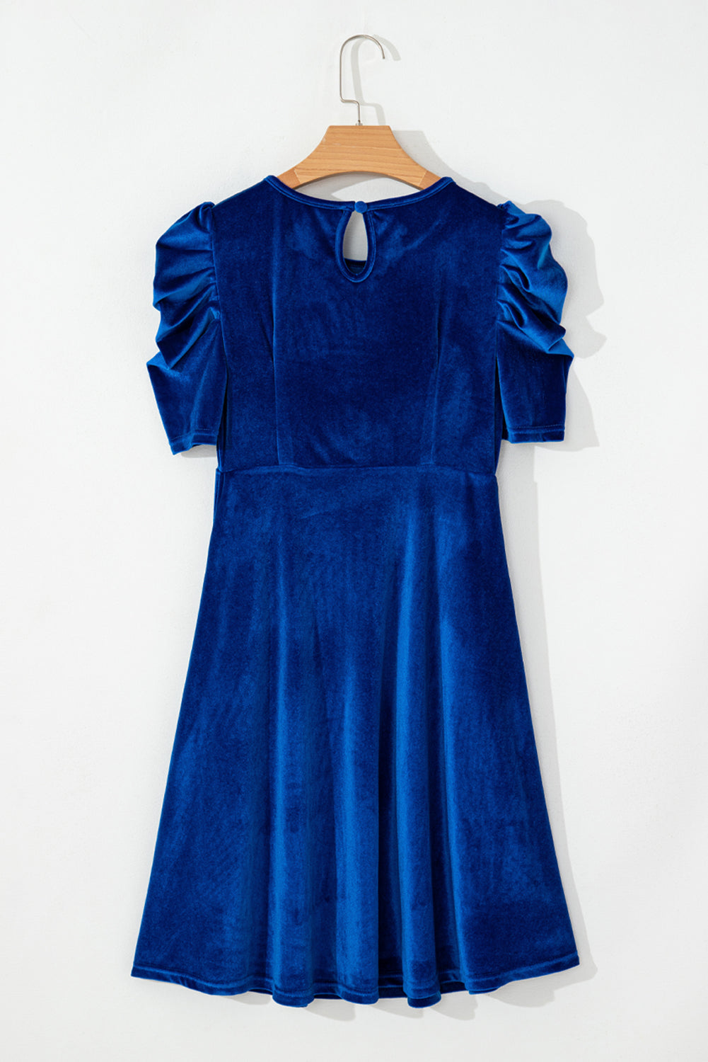 Sail Blue Velvet Ruched Short Sleeve Pocketed Mini Dress Beagle Boutique Fashion Outlet