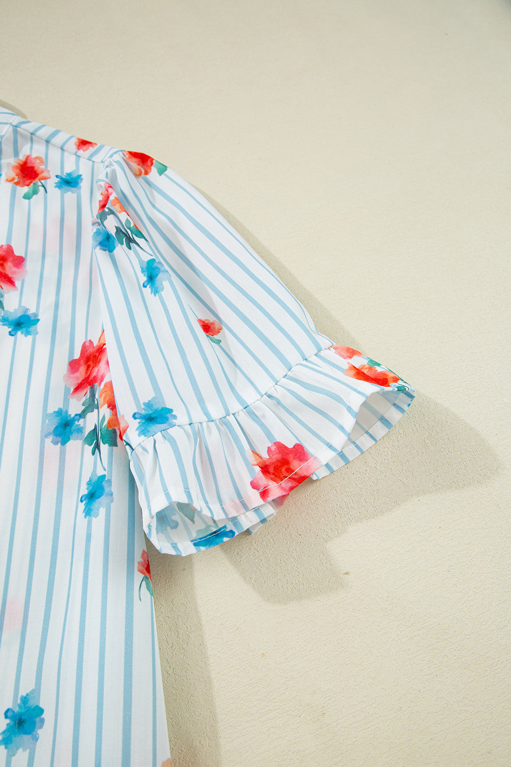 Sky Blue Stripe Floral Pattern Ruffle Short Sleeve Belted Mini Dress eAura