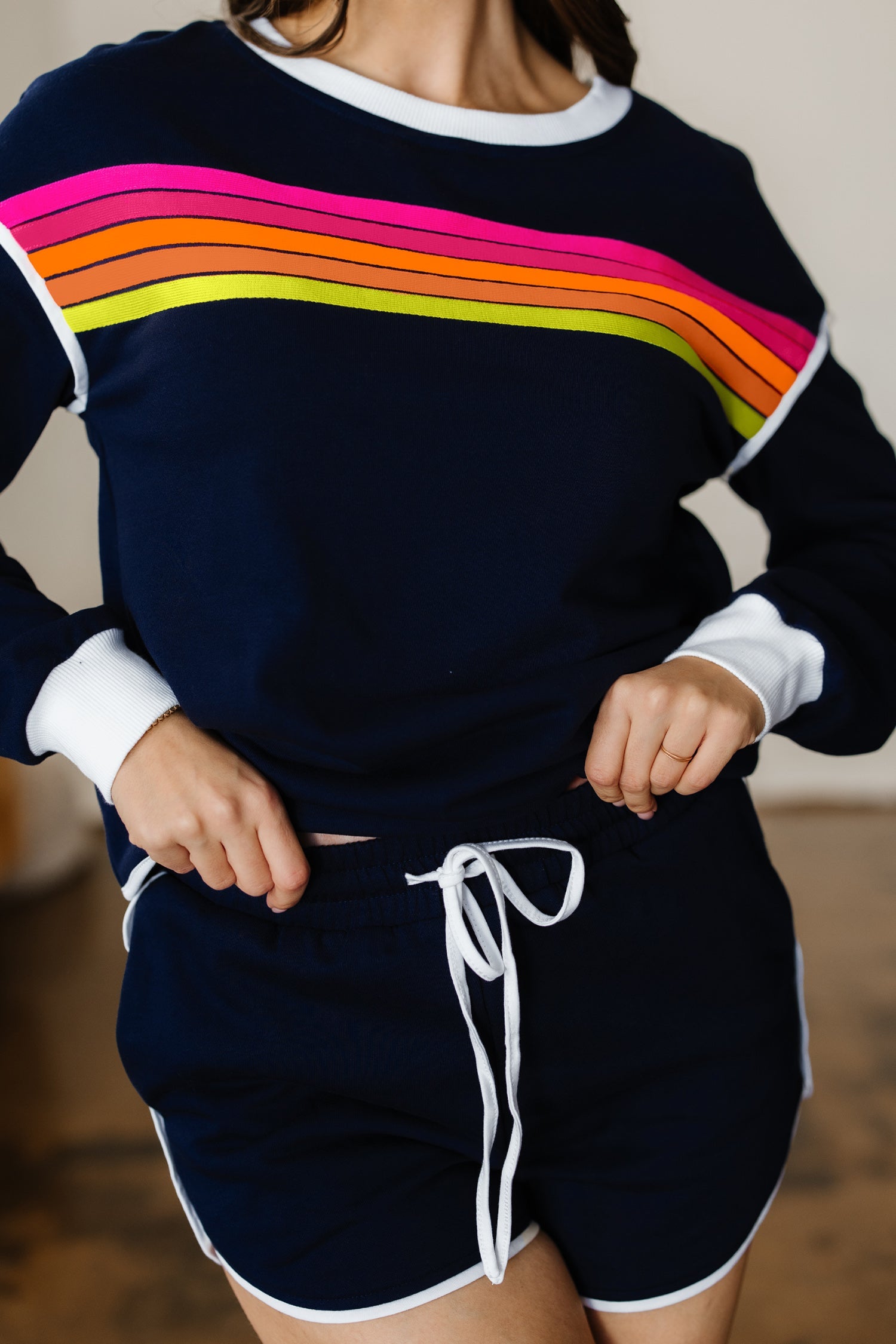 Colourful Striped Accent Varsity Long Sleeve Pullover and Shorts Co-ord Set - Two Piece Sets/Short Sets