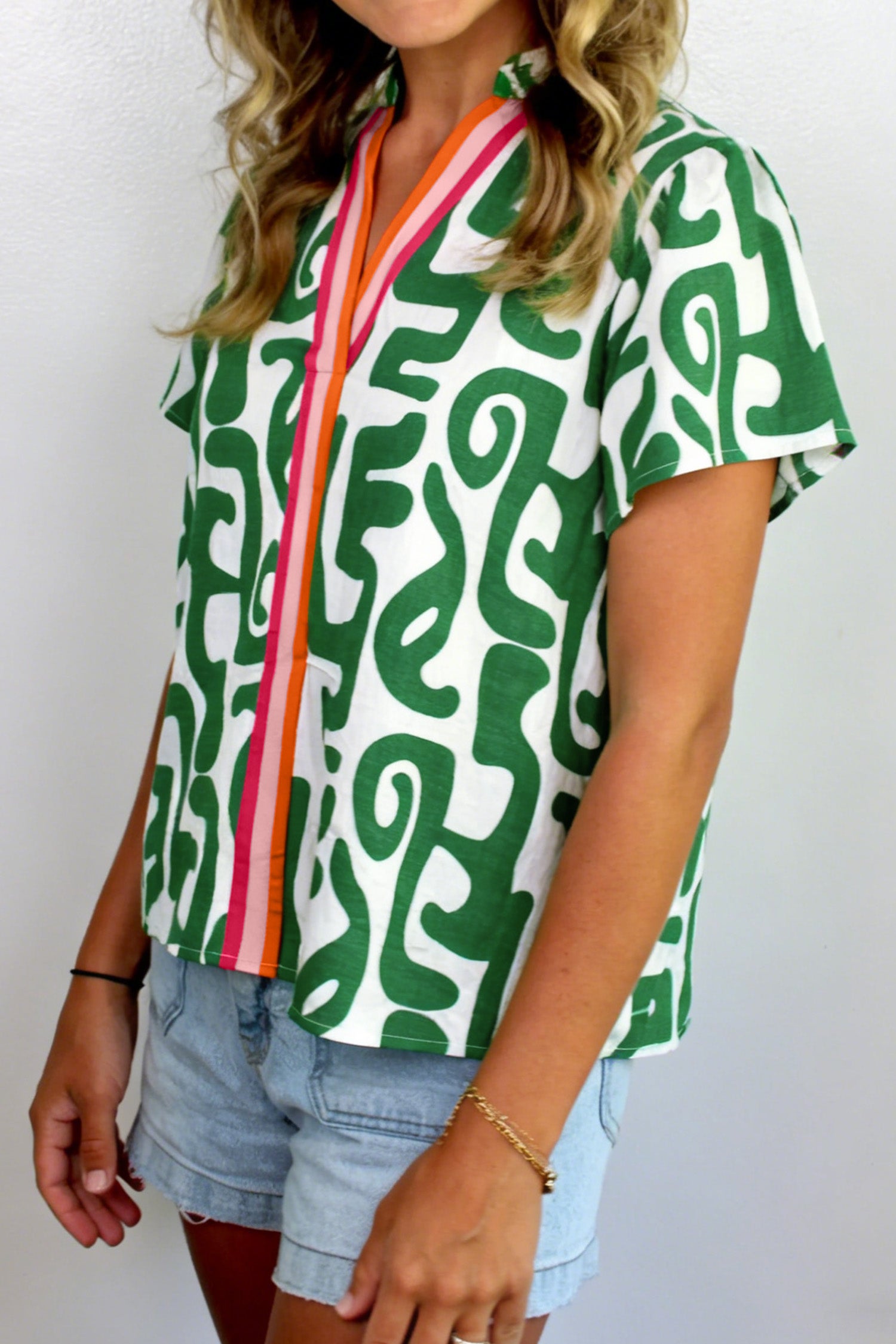 Abstract Print Striped Trim V Neck Short Sleeve Blouse – Green