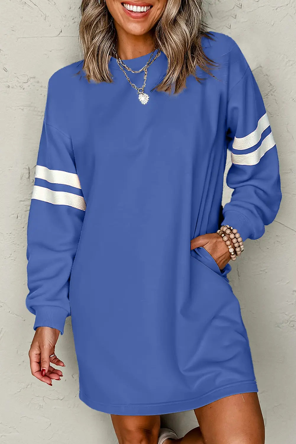 Varsity Contrast Banded Sleeve Shift Sweatshirt Dress