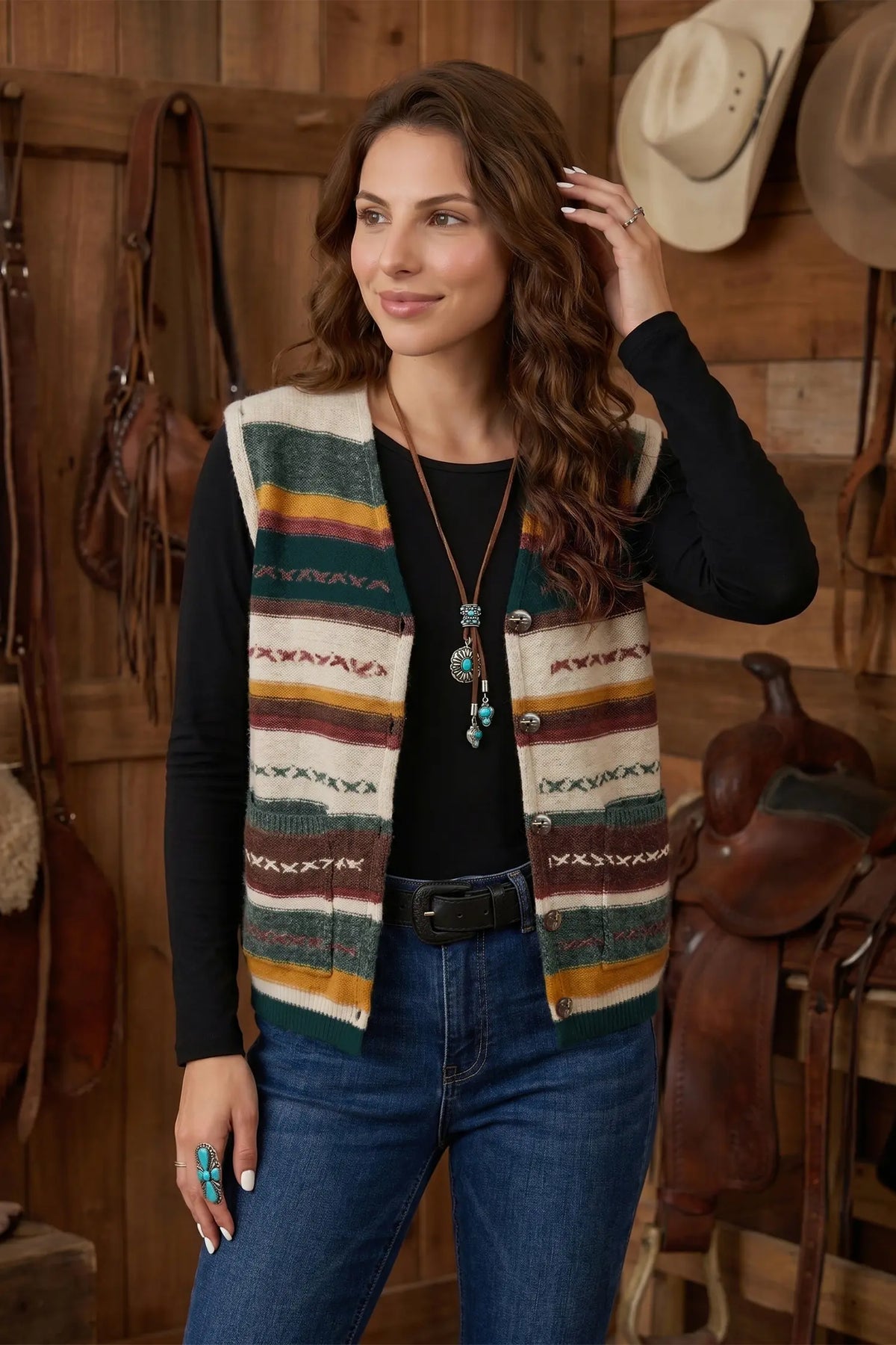 Striped Button Front Sleeveless Knit Regular Fit Sweater Vest – Multicolour