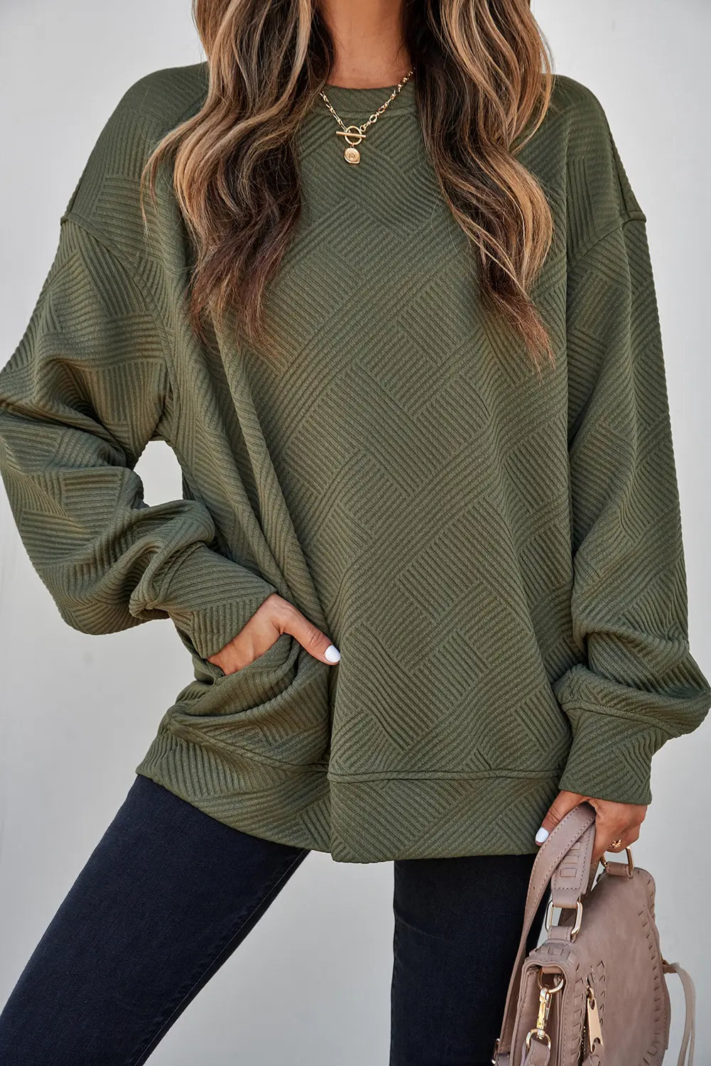 Jungle Solid Colour Textured Round Neck Drop Shoulder Pullover Sweatshirt – Green