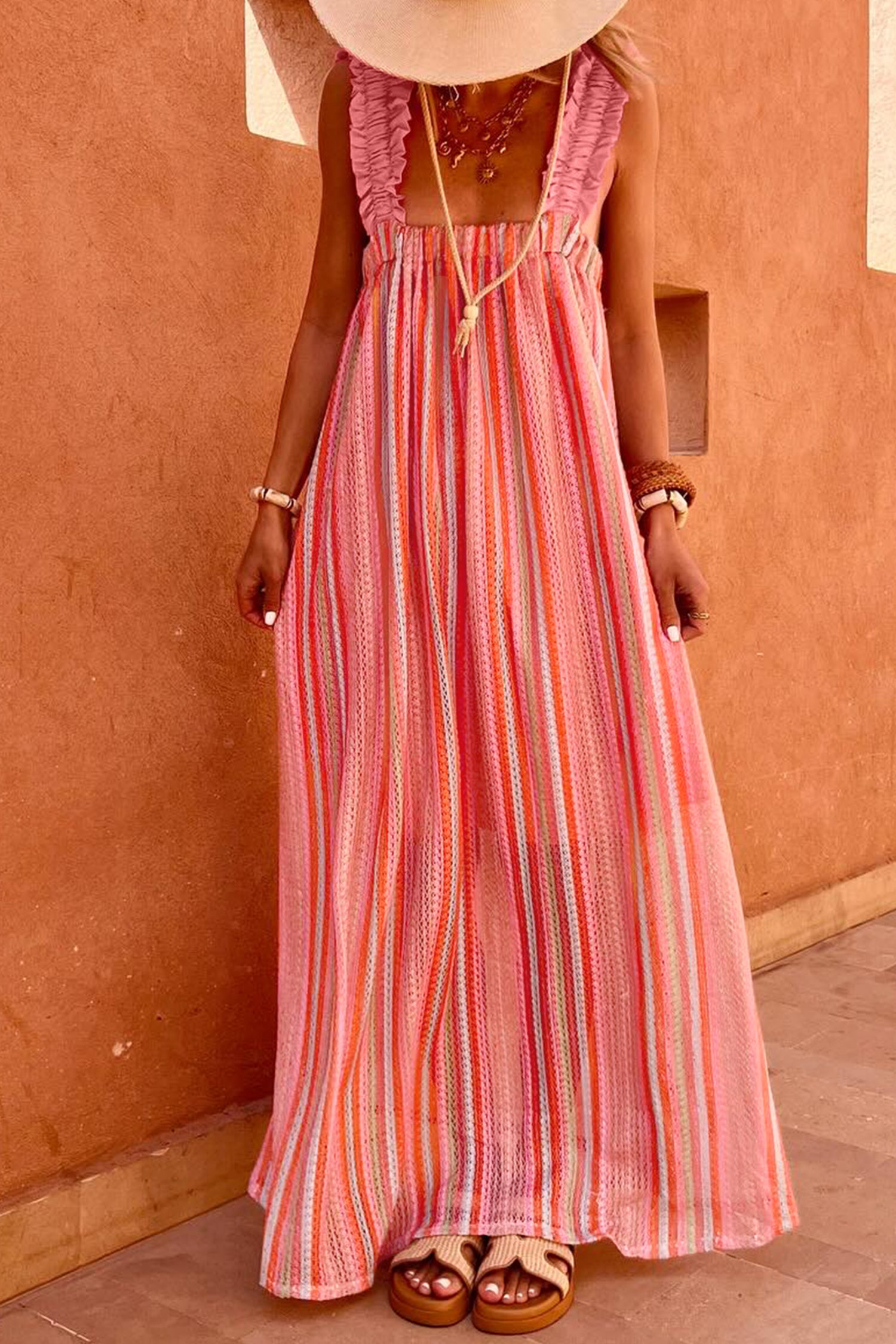 Stripe Ruffled Straps Ribbon Knot Flowy Holiday Maxi Dress