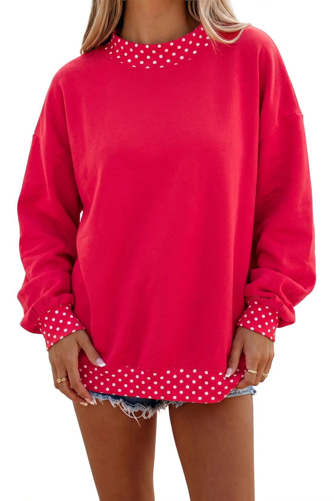 Colourblock Polka Dot Contrast Trim Oversized Sweatshirt – Red