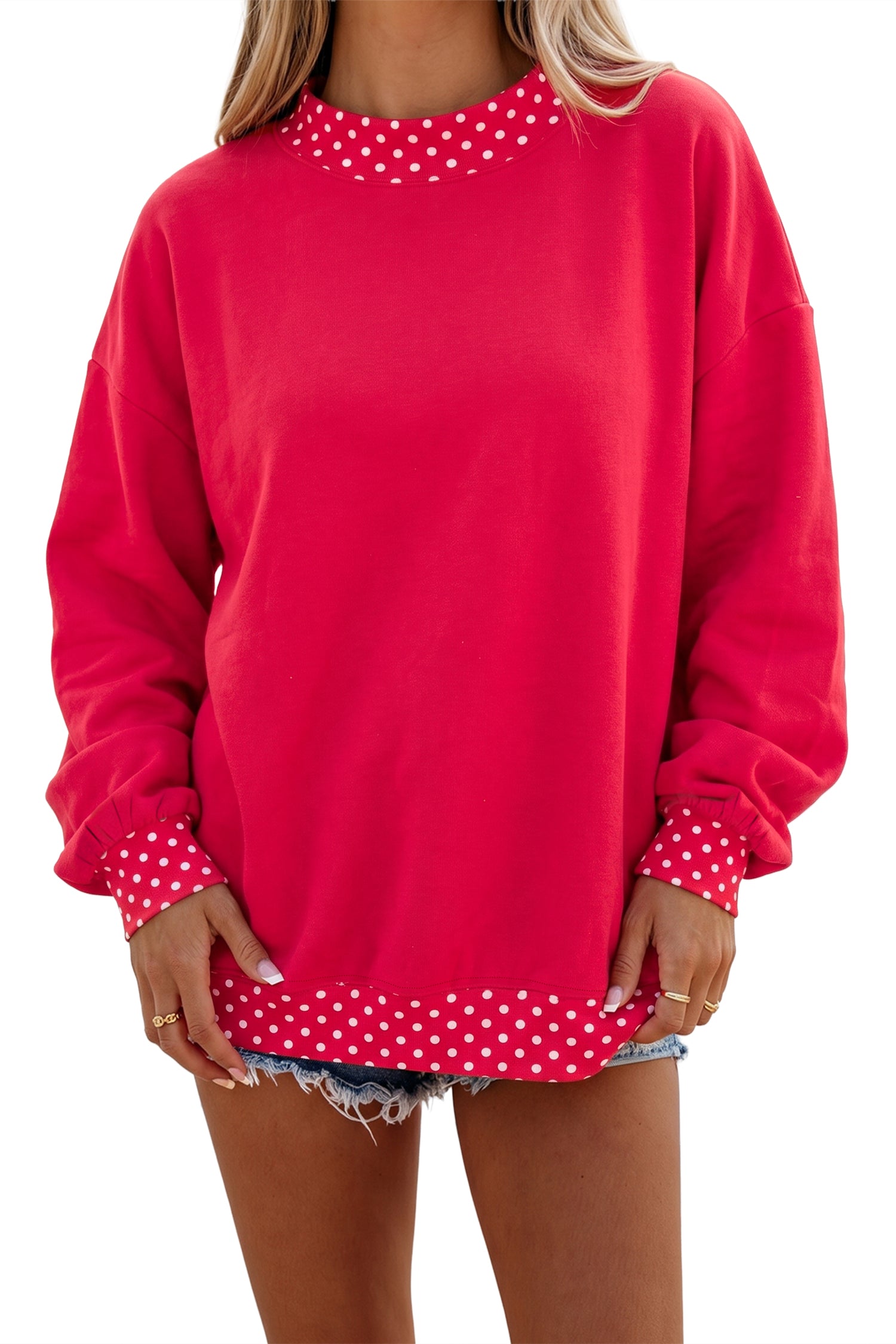 Colorblock Polka Dot Contrast Trim Oversized Sweatshirt – Red