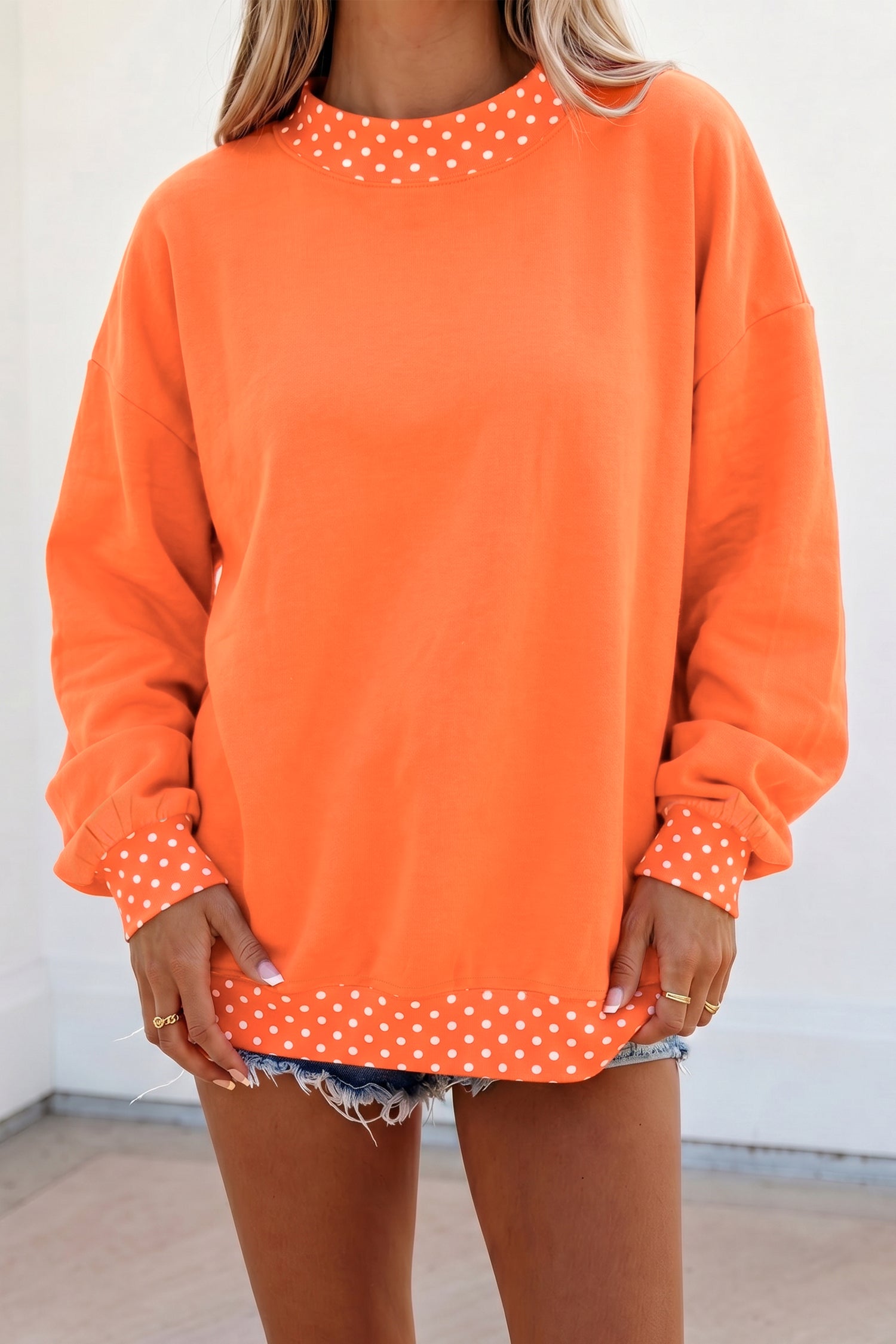 Colorblock Polka Dot Contrast Trim Oversized Sweatshirt – Red
