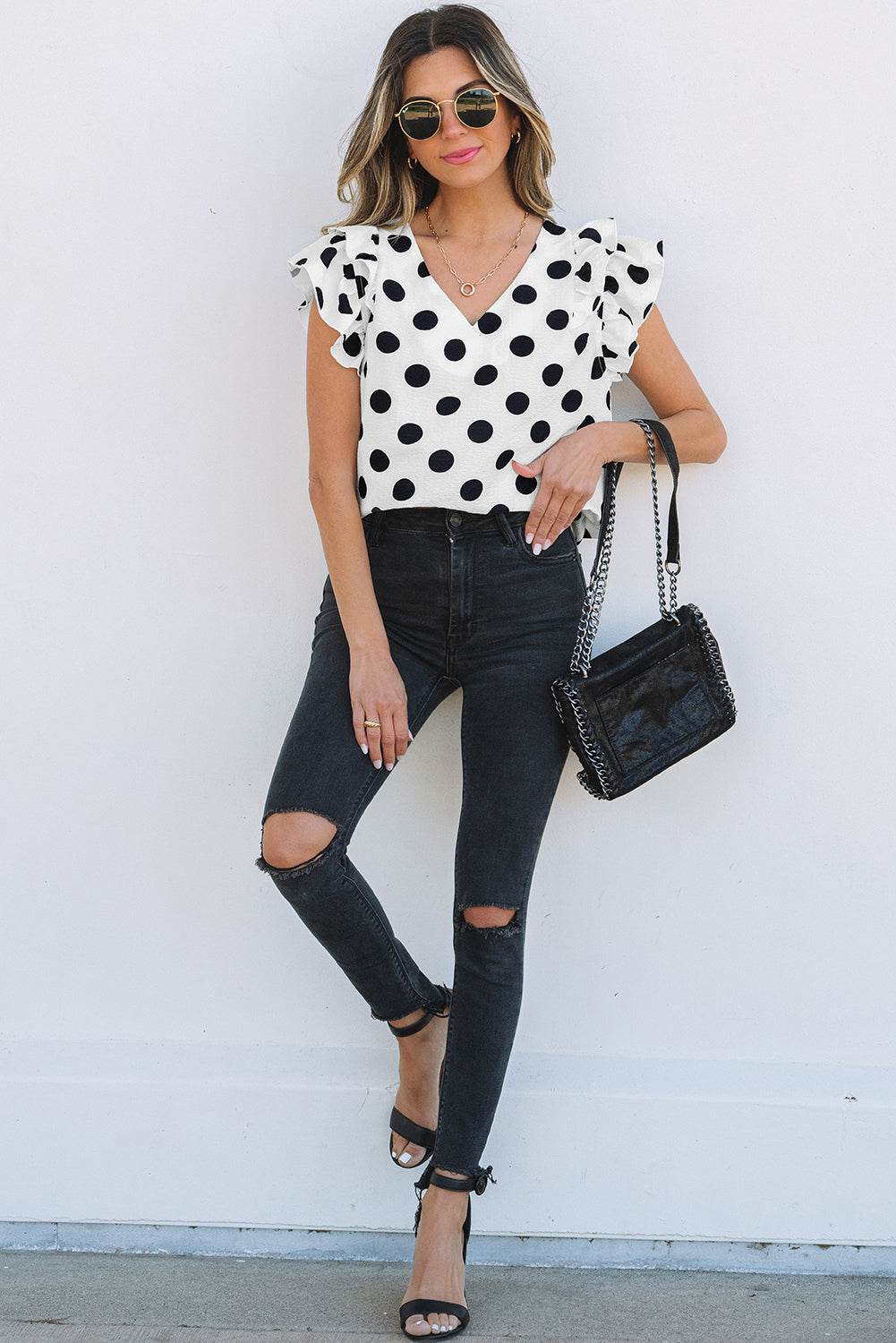 White Polka Dot Print Ruffled Sleeve V Neck Blouse eAura