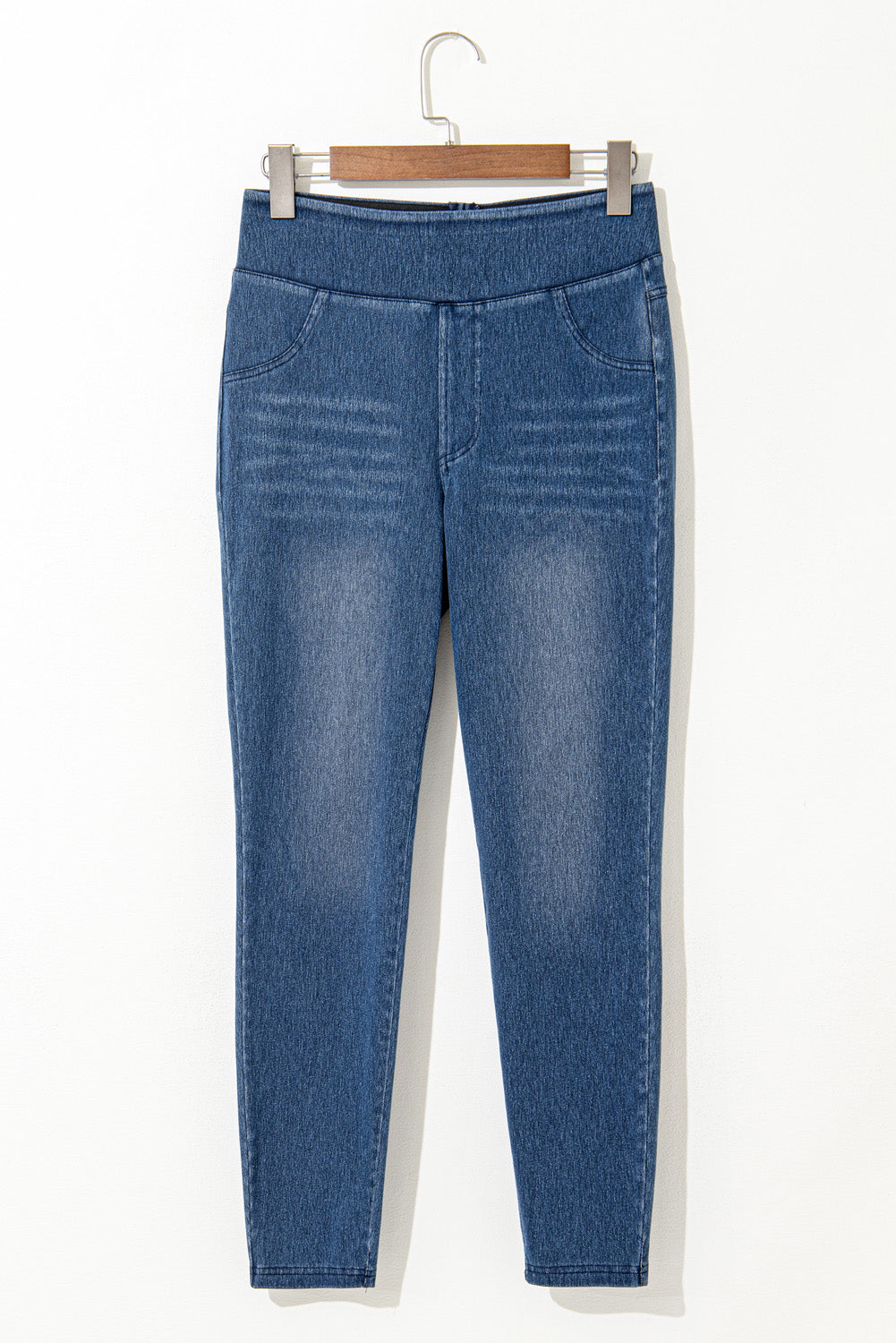 Navy Blue Skinny Elastic Waist Ankle Length Mid Waist Jeggings with Pockets eAura