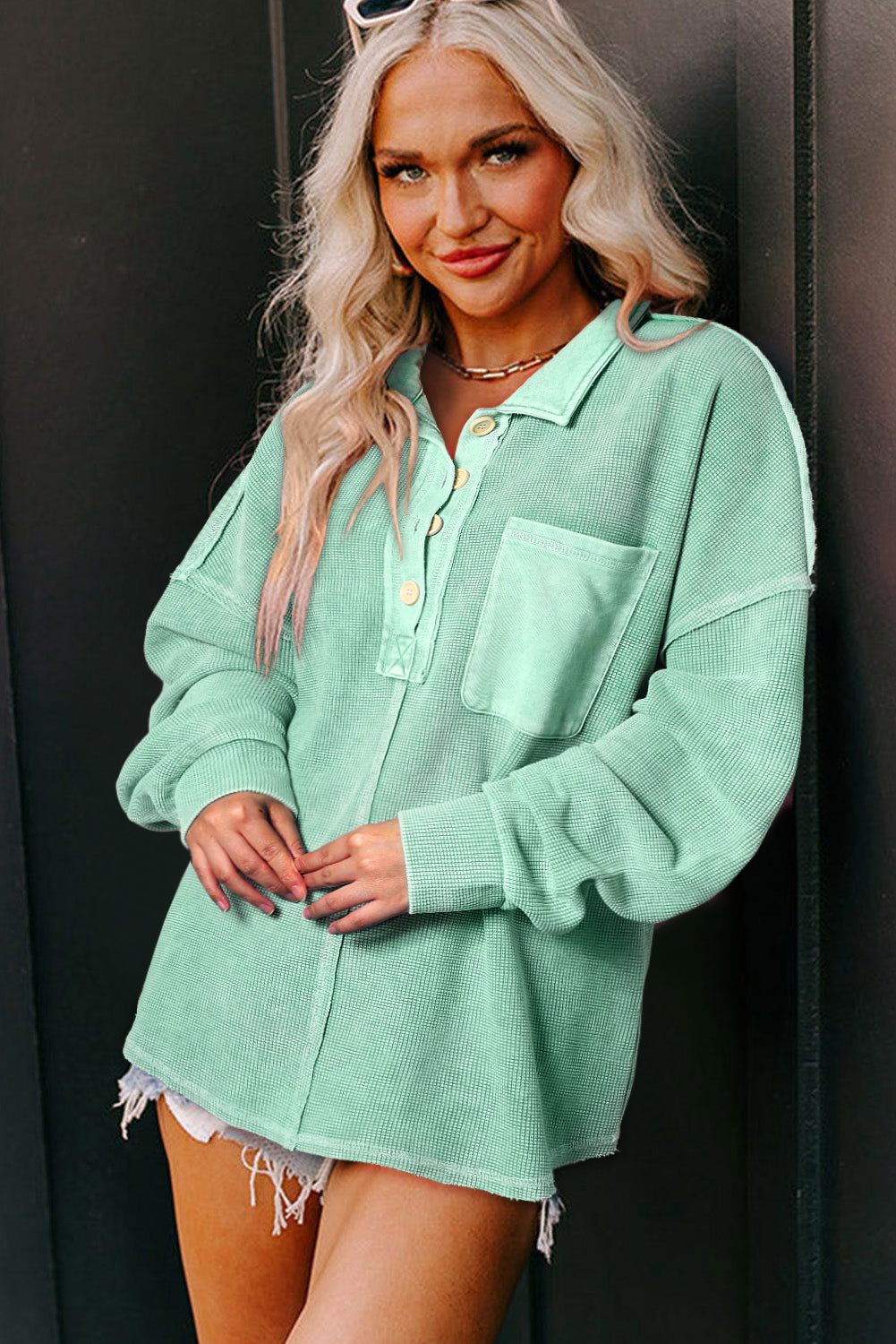 Chestnut Waffle Exposed Seam Pocket Henley Sweatshirt eAura