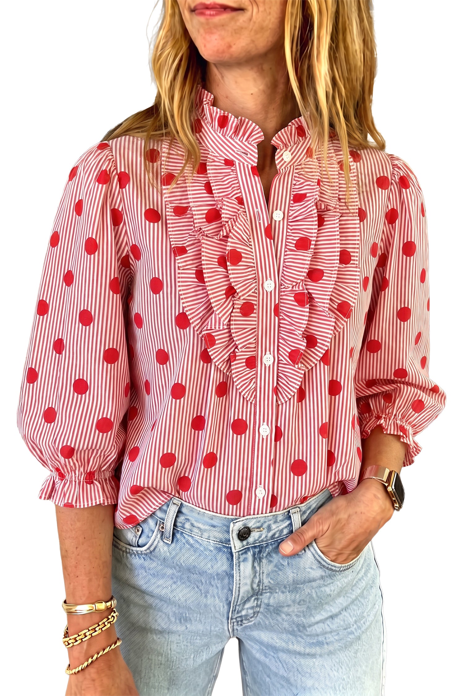 Polka Dot Striped Print Ruffle Stand Neck 3/4 Sleeve Shift Shirt – Fiery Red