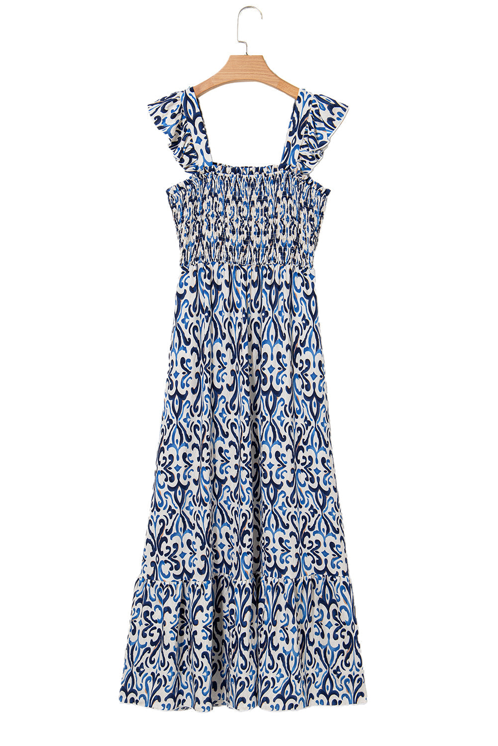 Sky Blue Boho Print Smocked Maxi Dress eAura