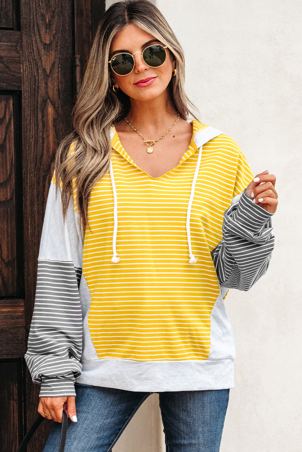 Yellow Stripe Color Block Drawstring V Neck Loose Fit Hooded Top - eAura