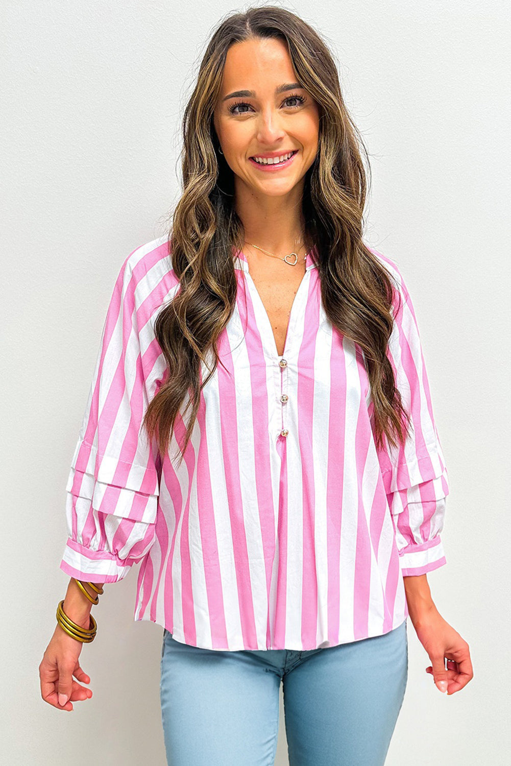 Stripe Split Neck Button Decor Front Puff Sleeve Blouse - eAura