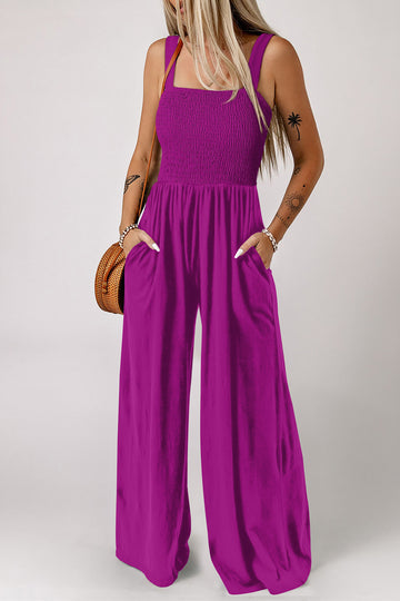 Smocked Square Neck Sleeveless Wide Leg Jumpsuit with Pockets – Purple